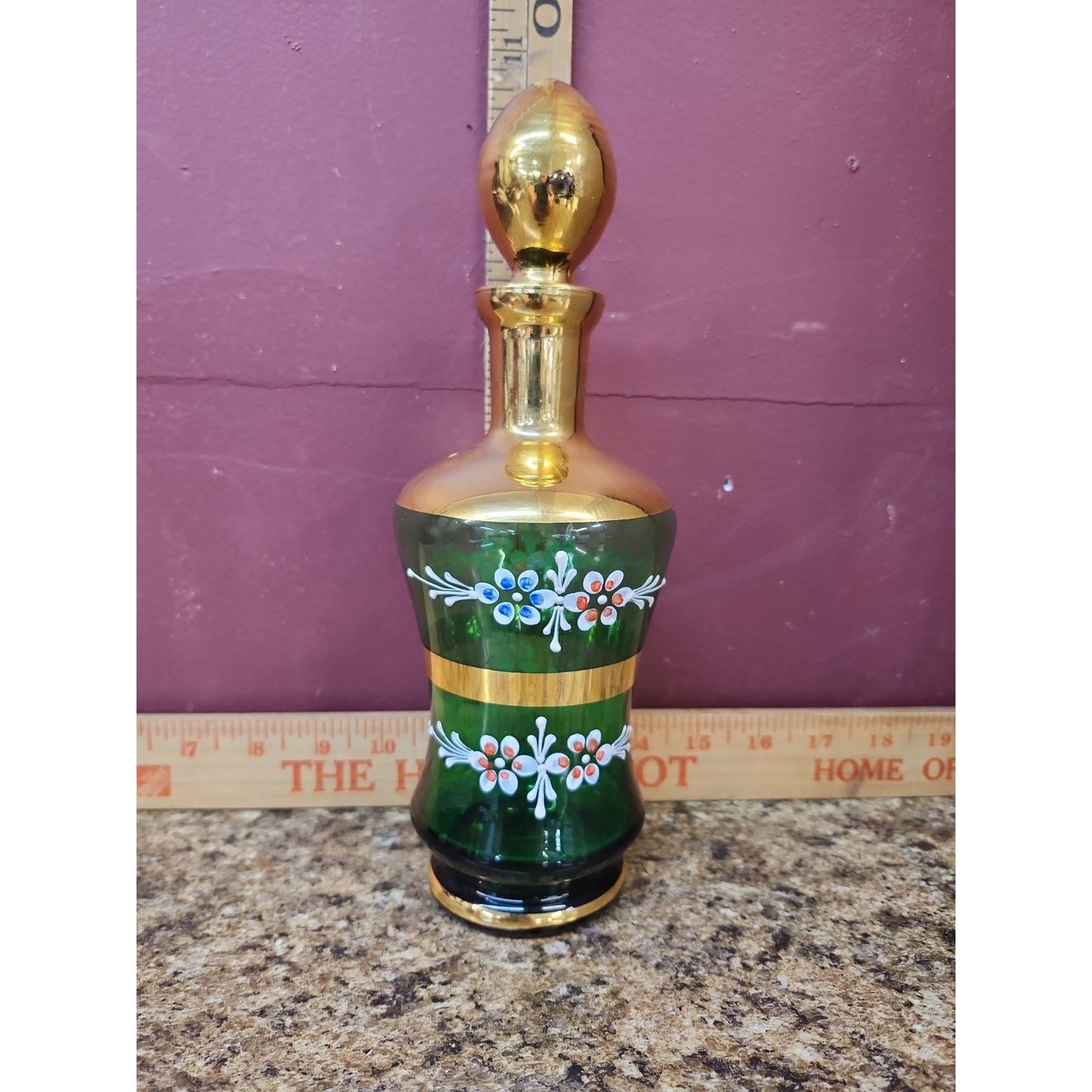 Vintage Hand-Painted Emerald Green Venetian Glass Decanter w/Stopper MCM