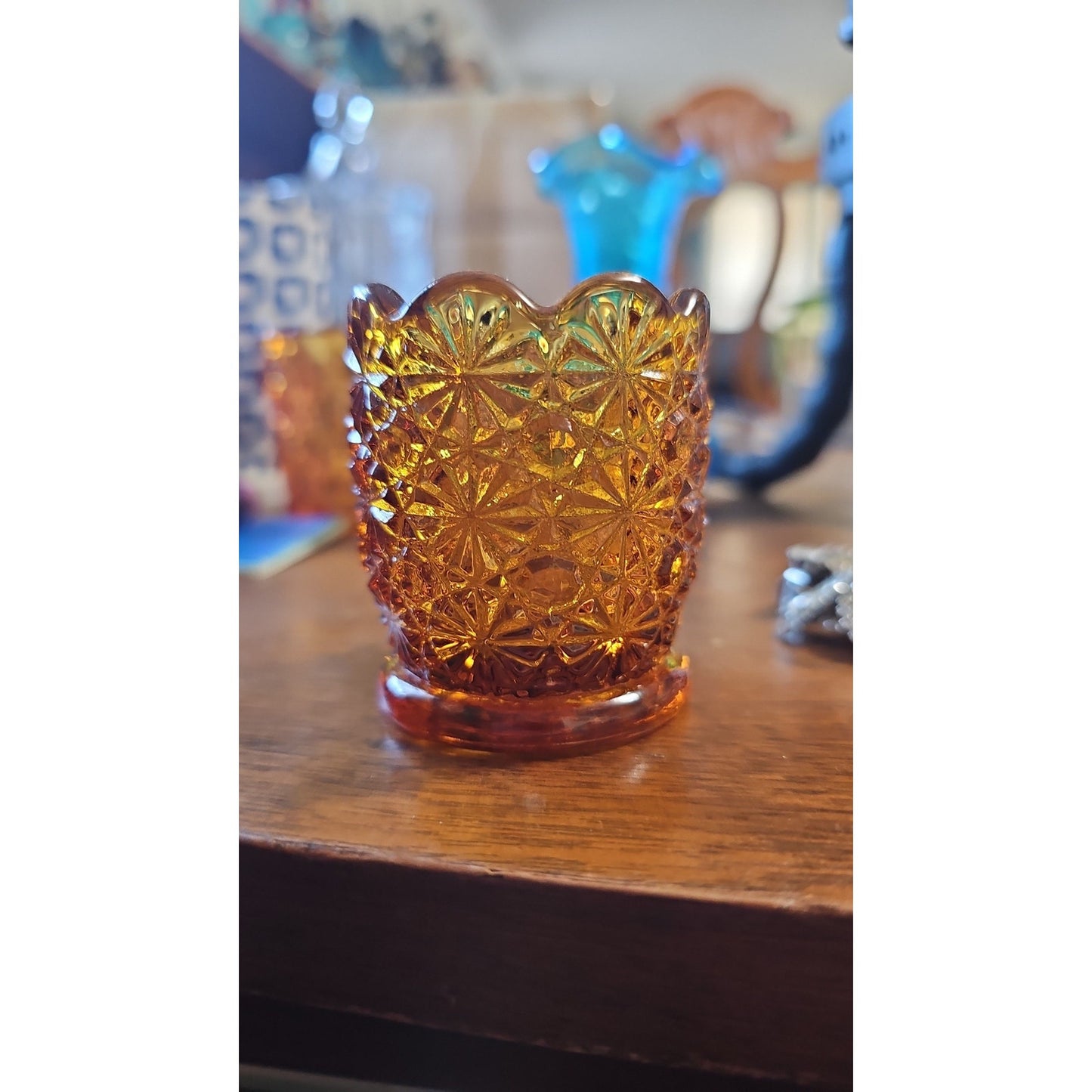 Vintage Daisy Button Toothpick Holder Amber Pressed Glass Scalloped Rim