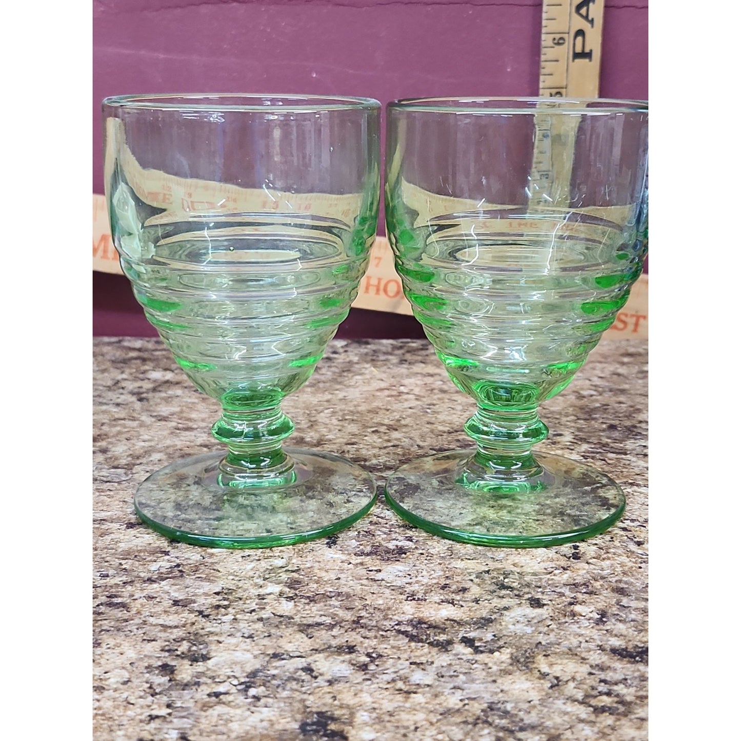 Lot/2 Paden City Green Penny Line Goblets 5 1/4" 1930's Nice UV Glow