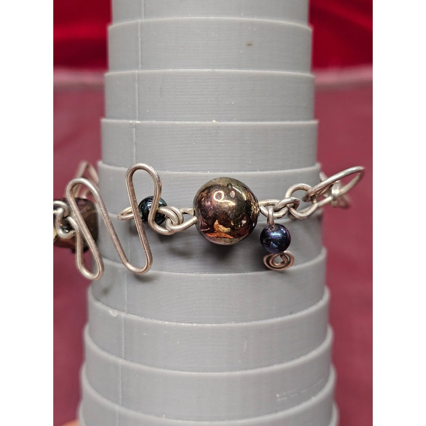 Sterling Silver Artisan Wire Wrapped Bracelet Purple & Peacock Bead Design