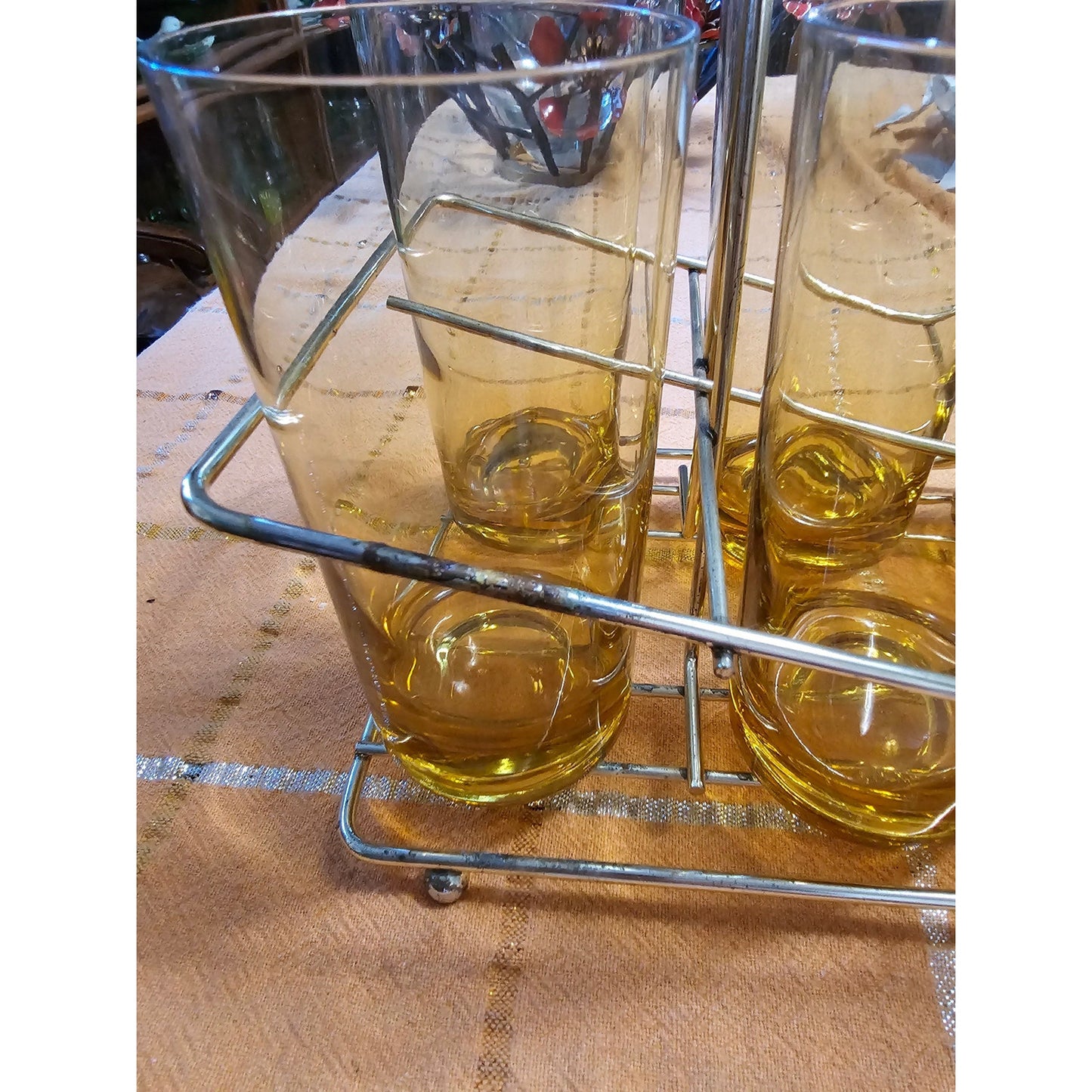 Vintage Mid-Century Amber Highball Clear Glasses w/ Metal Carrier – Set of 8