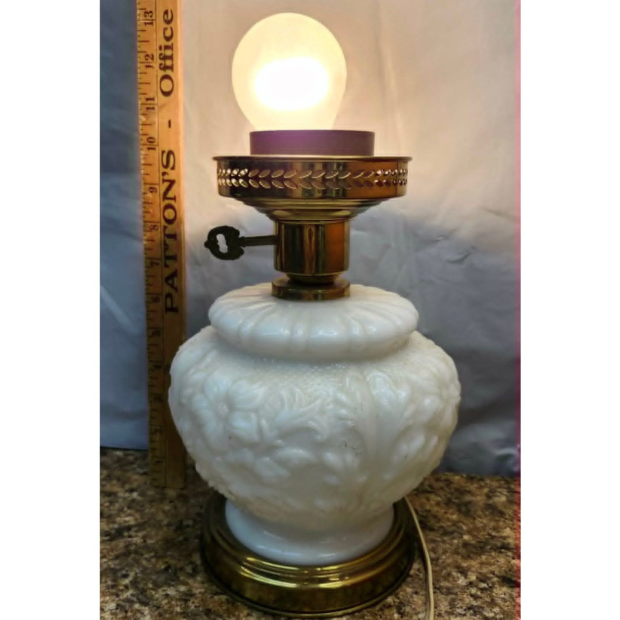 Vintage White Milk Glass Electric Table Lamp Brass Base Raised Floral Embossed