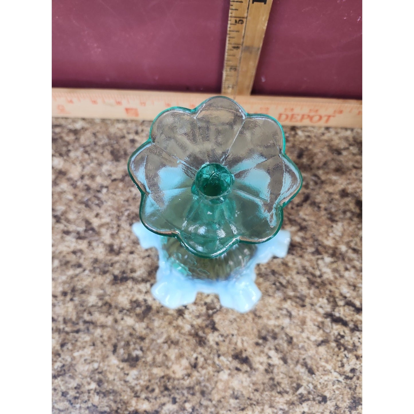 Fenton SEA MIST GREEN OPALESCENT CABBAGE ROSE PATTERN COMPORT 1993 GLOWS