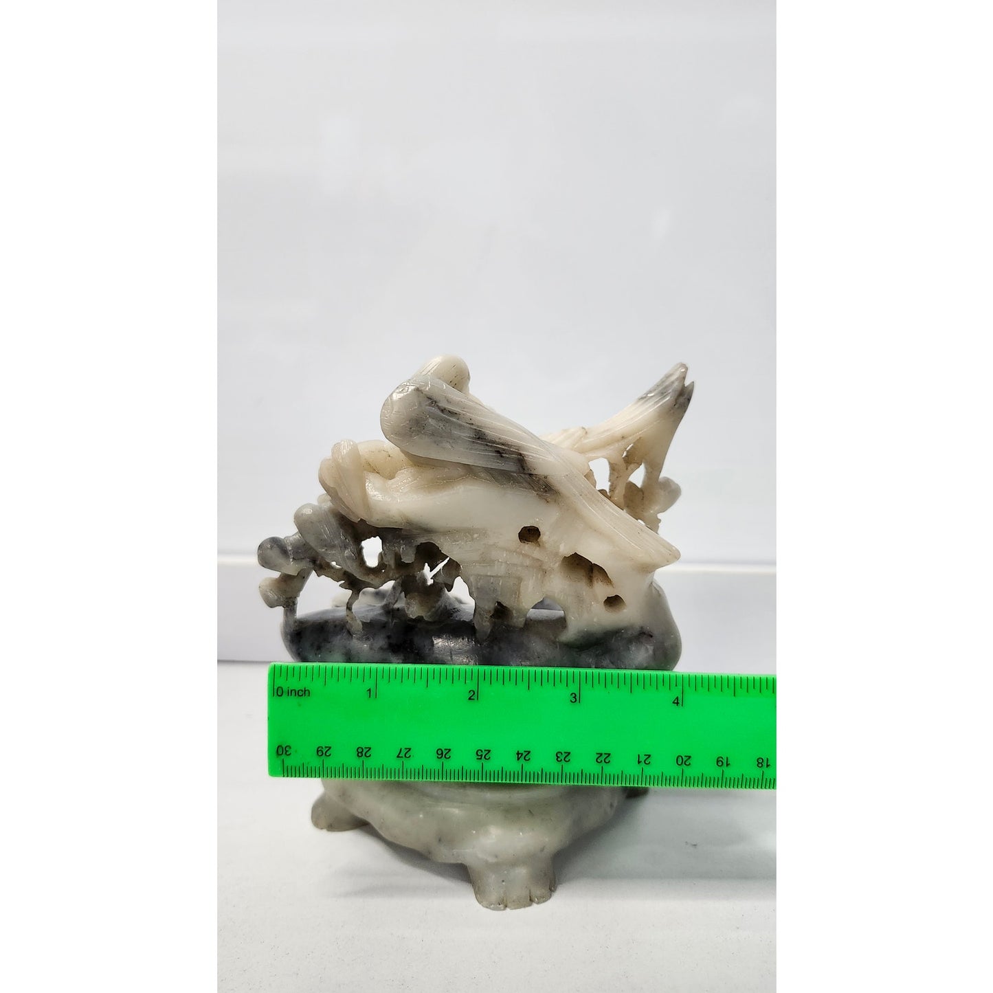 VTG Chinese Soapstone Trinket Dish Gray Hand Carved Bird Flowers Statue Gray