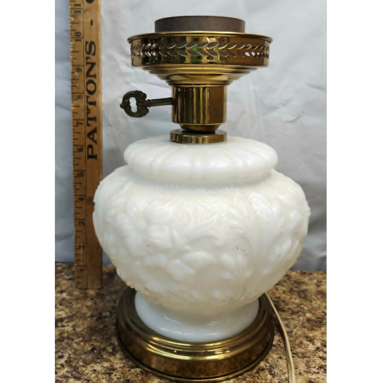 Vintage White Milk Glass Electric Table Lamp Brass Base Raised Floral Embossed
