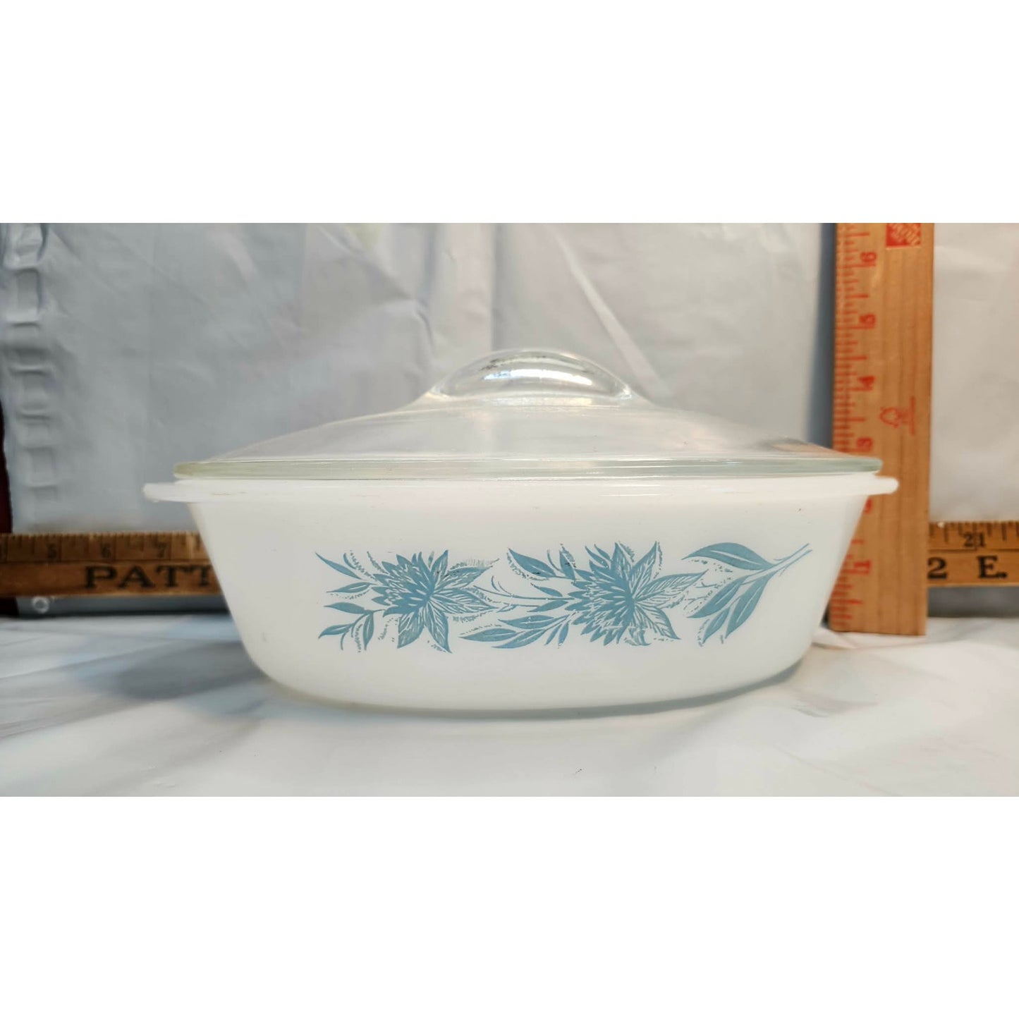 Vintage Glasbake Milk Glass Casserole Dish Blue Thistle Flower With Lid