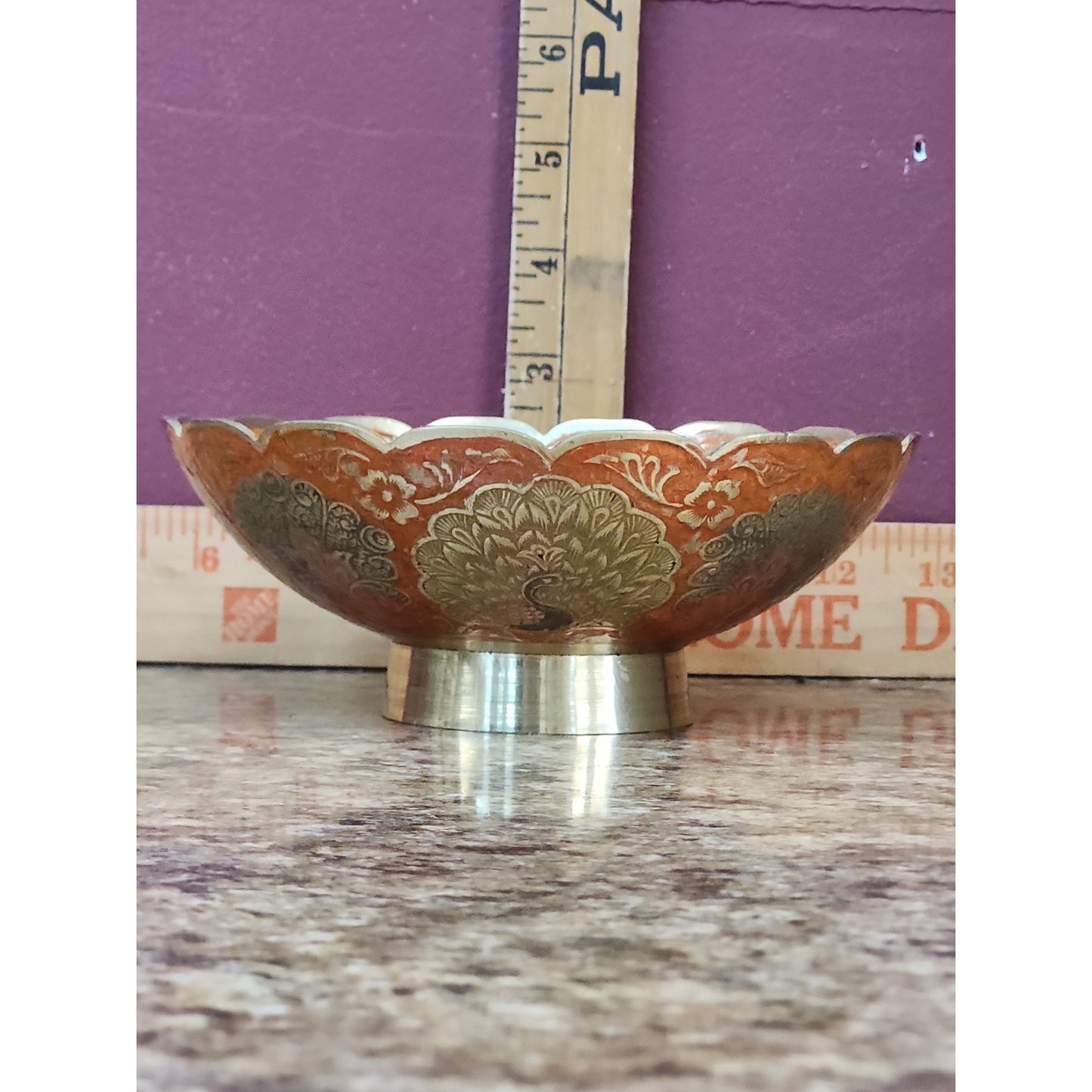 Vintage Brass Hand Painted Enameled Peacock Bowl Classic Boho Chic Approx 5”