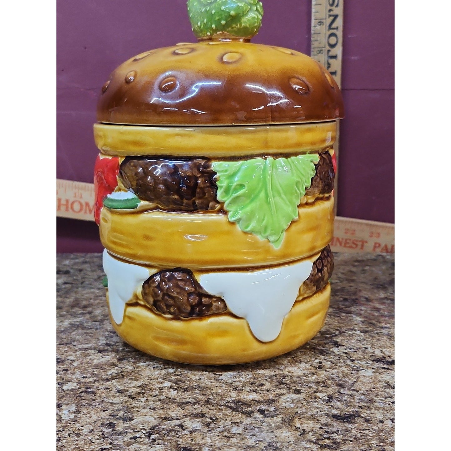 Double Decker Cheese Hamburger Cookie Jar With Pickle Lid 9" Cara Creations