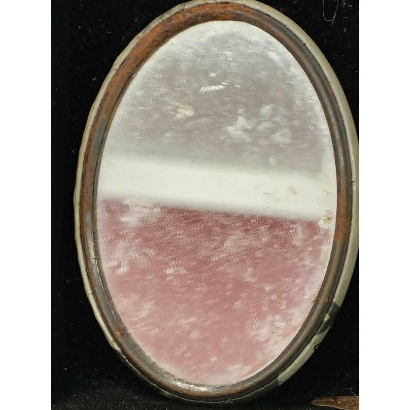 VTG 40s Celluloid Oval Compact Mirror Black White Real Photo Plaque Portrait