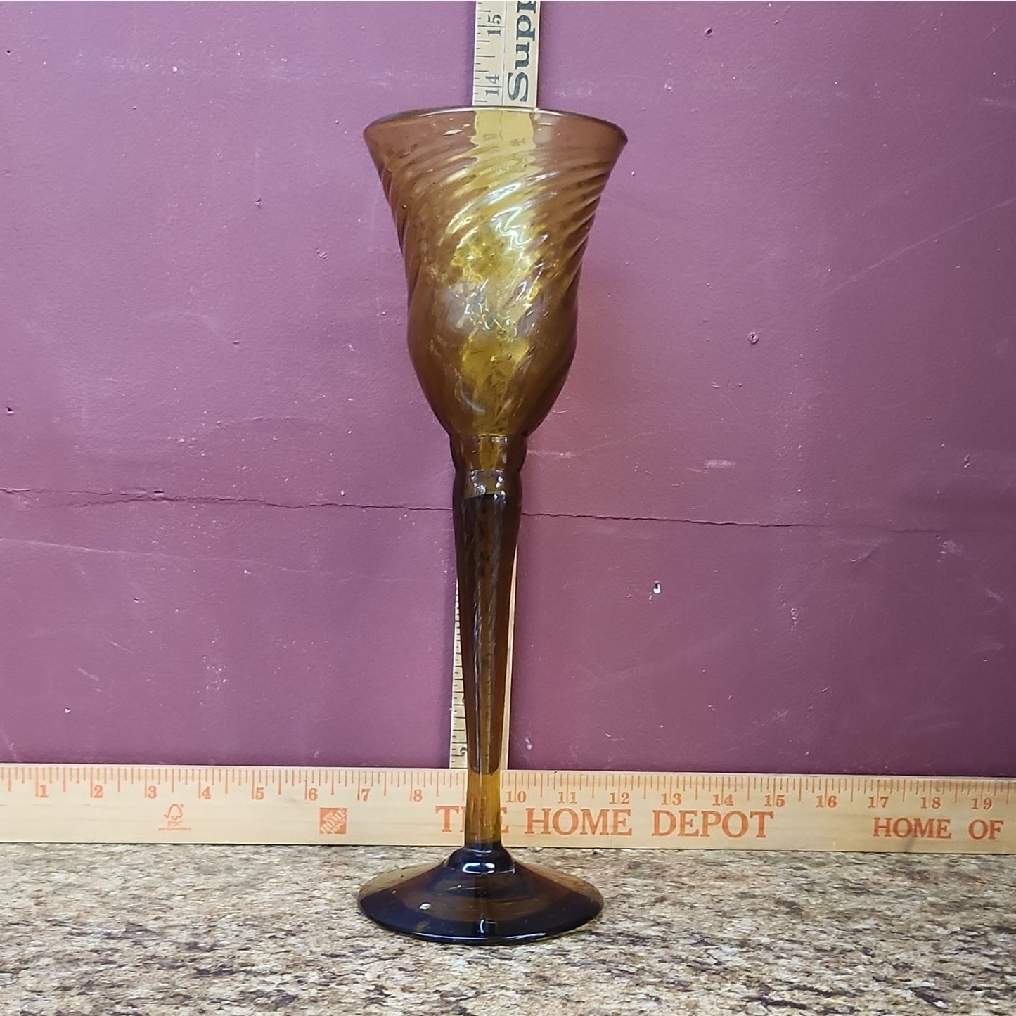 Amber Swirl Art Glass Vase, Hand Blown, Decorative, Glossy Finish, 13 In
