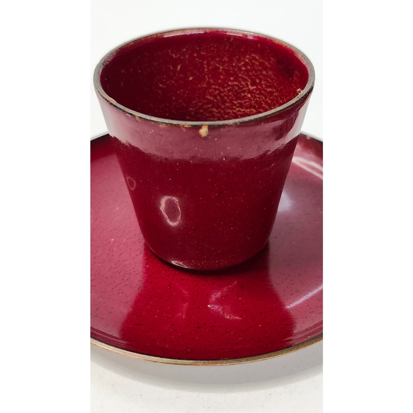 VTG Jade Snow Wong Red Enamel on Copper Cup and Saucer Set Mid Century Signed
