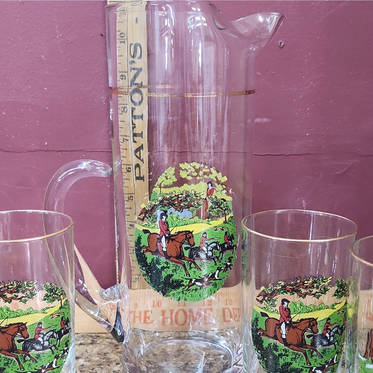 Neiman Marcus Style Glass Pitcher + 6 Tumblers, Hunting Scene Horses