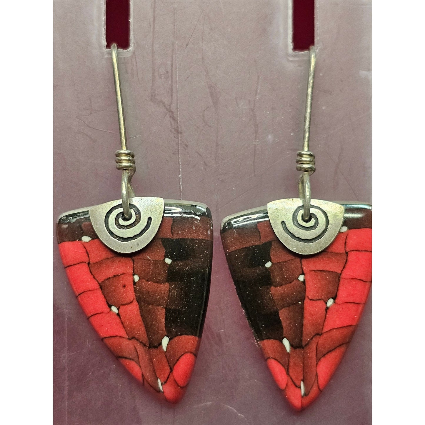 Sterling Silver Southwestern Mosaic Dangle Earrings | Red & Black Inlay Style