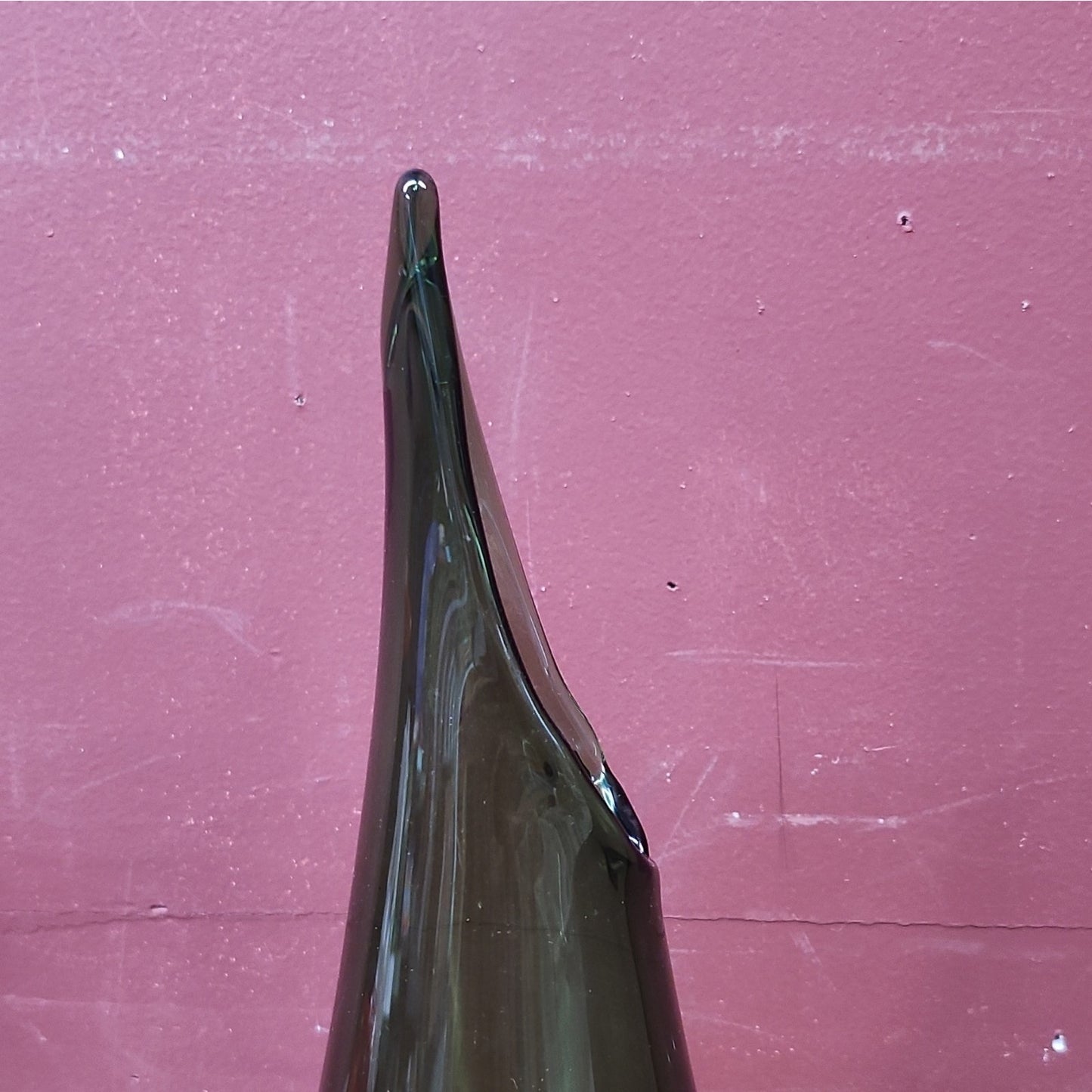 Unmarked Sculptural Green Glass Art Swung Vase w/ Flared Rim, 13 In, Green