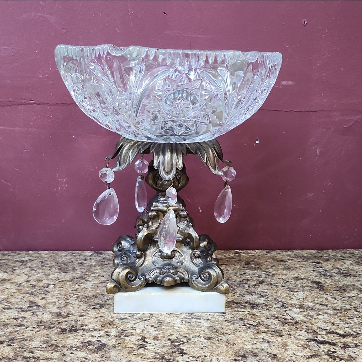 Antique Crystal Cut Glass Hexagonal Pedestal Bowl Hollywood Regency