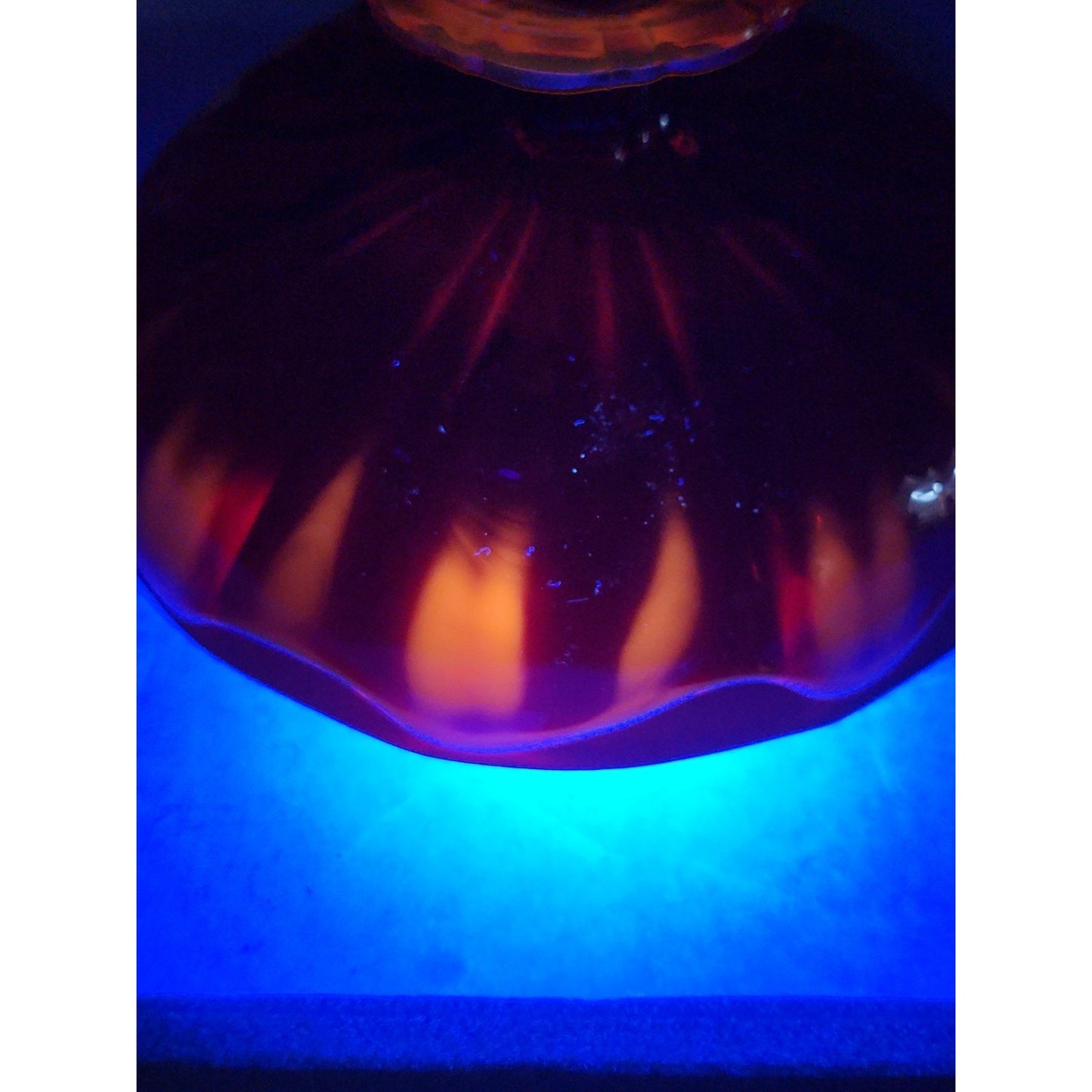 Amberina 9 Petal glass footed compote bowl, likely L.E. Smith or Viking Glass