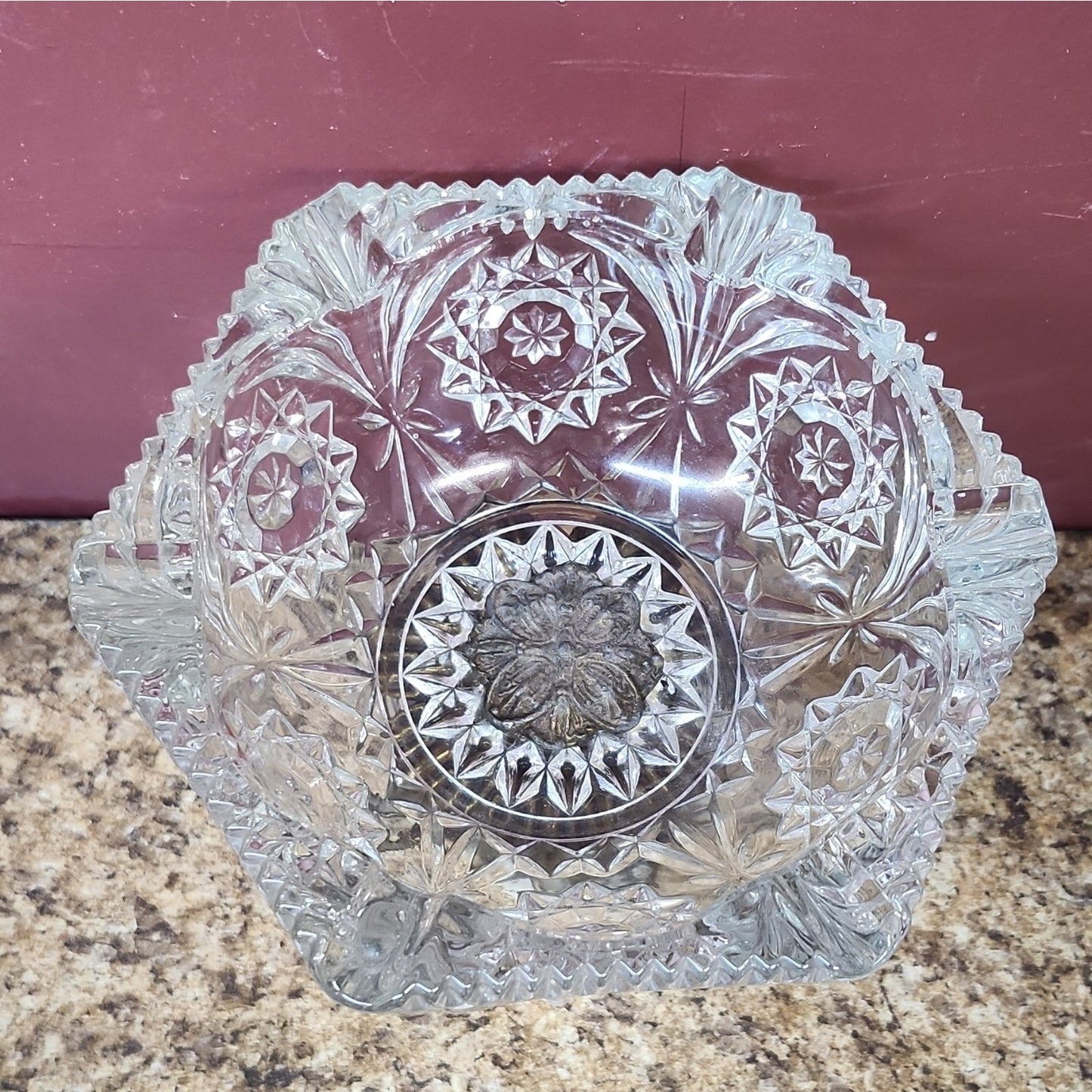Antique Crystal Cut Glass Hexagonal Pedestal Bowl Hollywood Regency