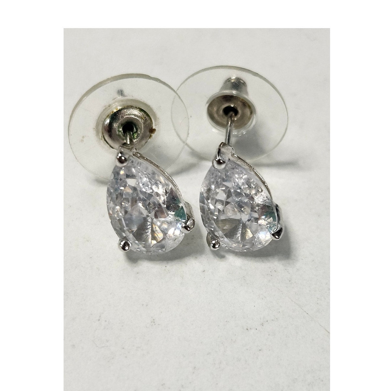 KJL Kenneth Jay Lane Pear Cut Faux Diamond CZ Stud Earrings Silver Tone Costume