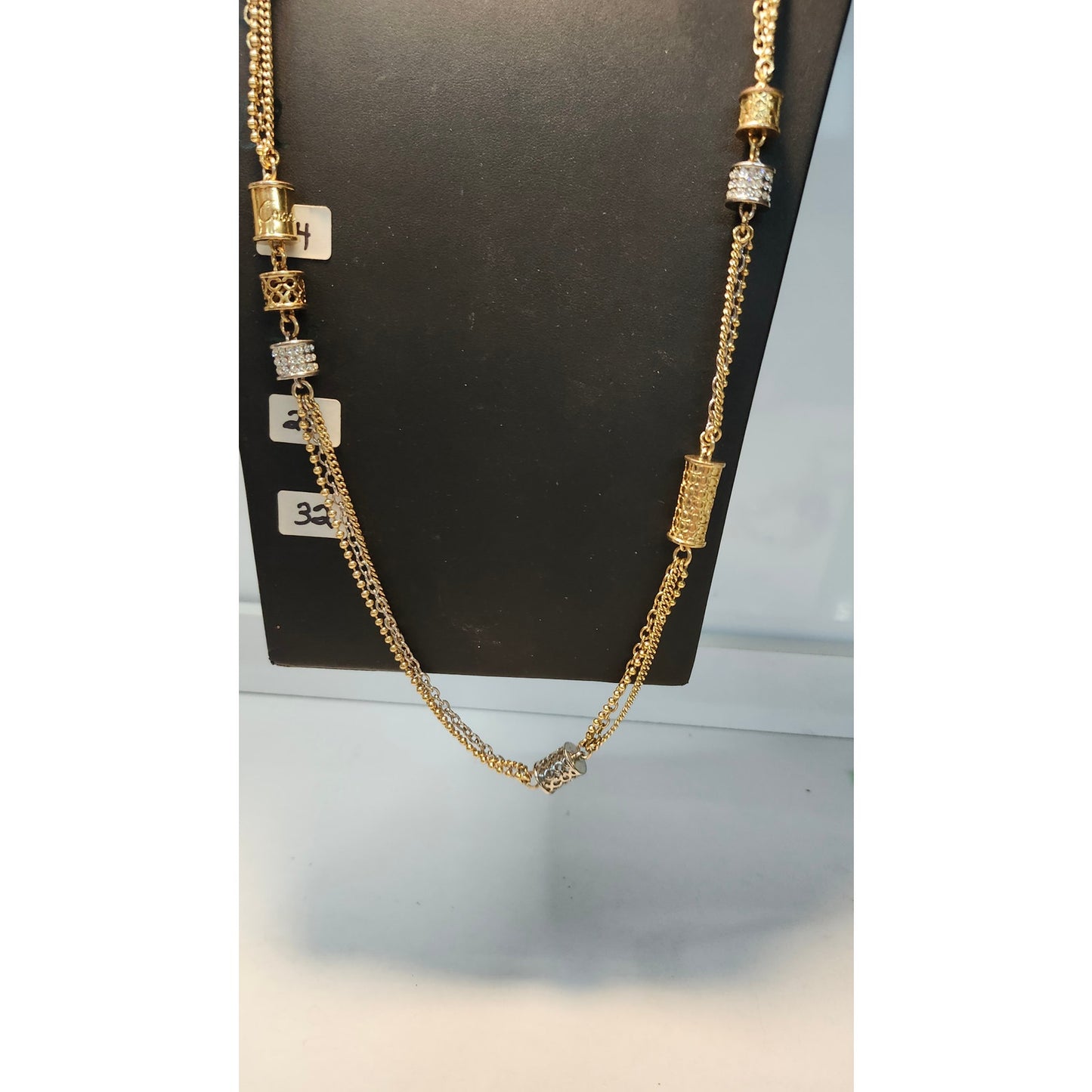 Coach Multi Strand Cylinder Long Station Statement Necklace Two Tone Pave Chain