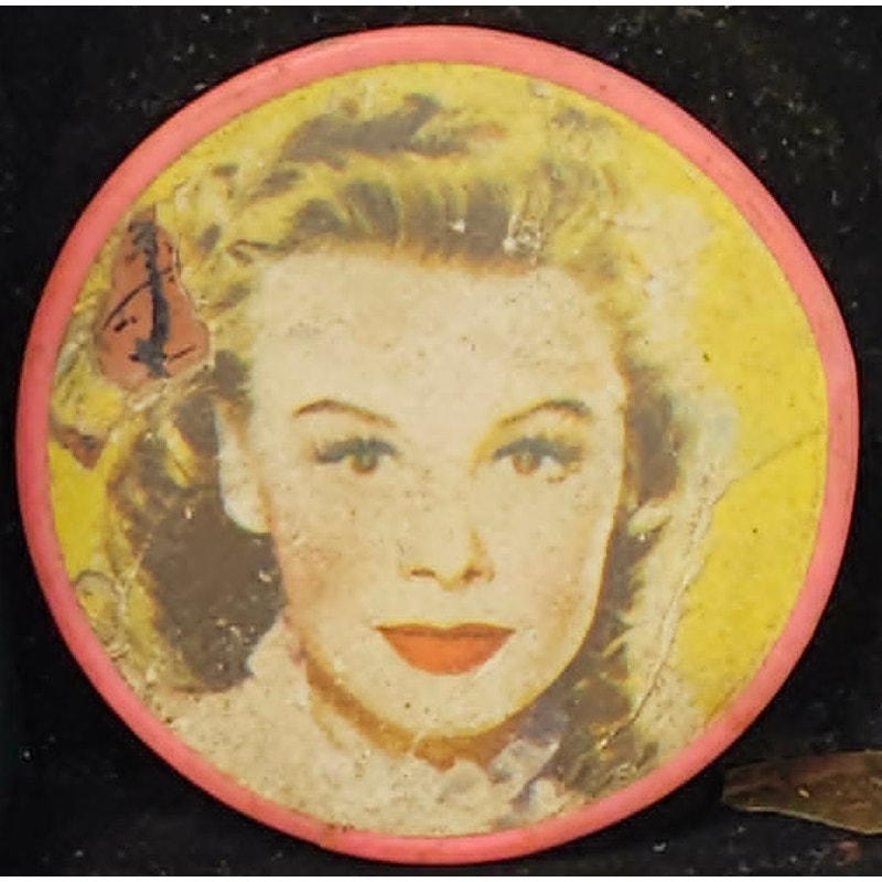 Vintage Litho Celluloid Pocket Mirror Red Rim Woman Portrait Mid Century Retro