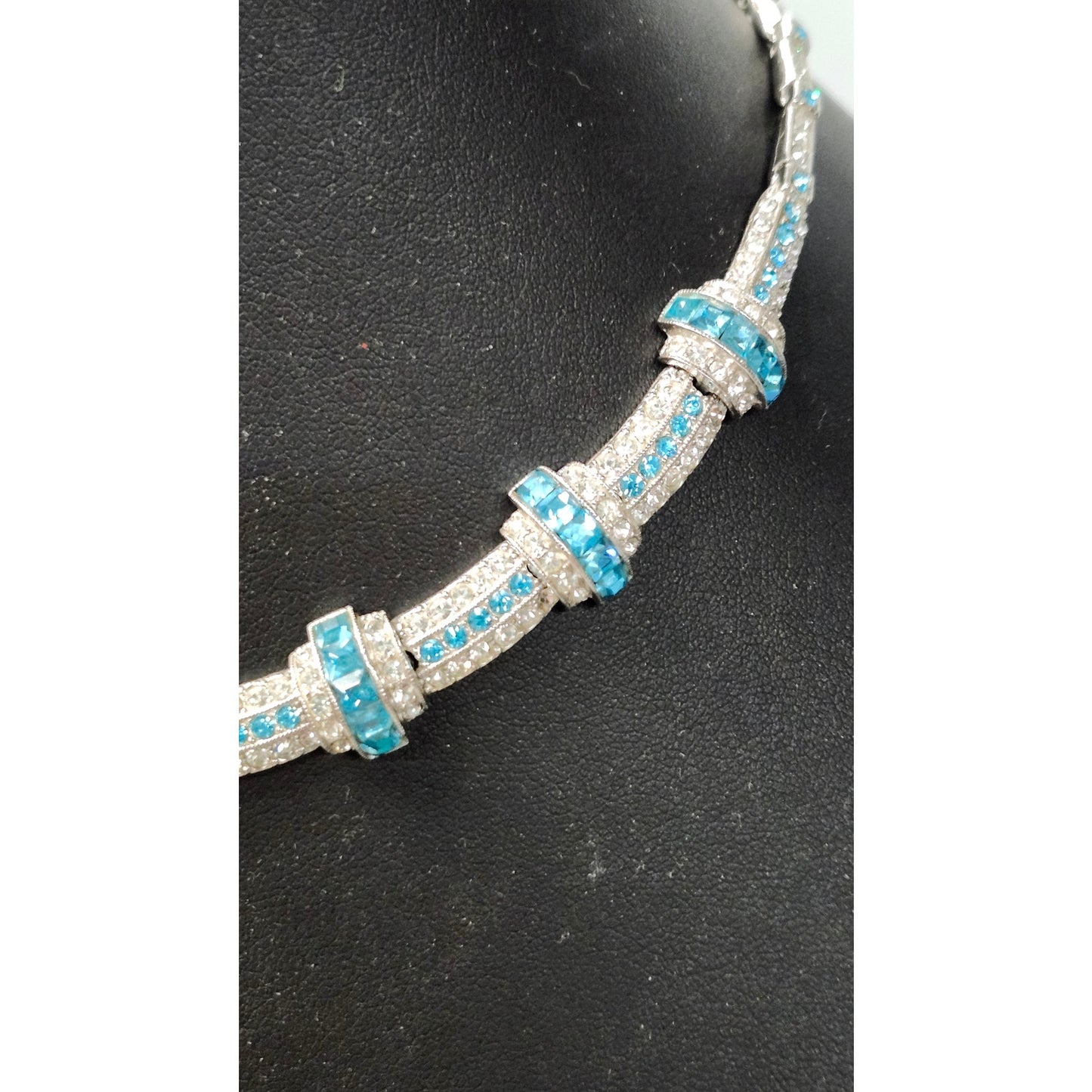 Vintage 1950s ORA Blue Rhinestone Collar Statement Necklace Costume