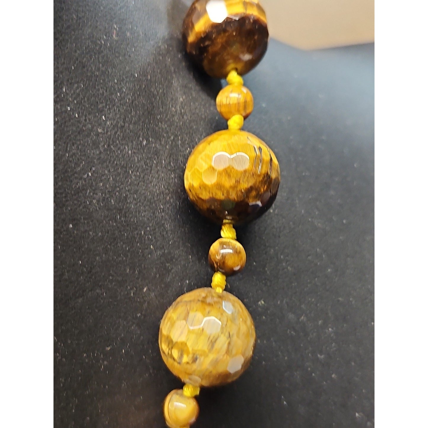 Vintage Tiger's Eye Necklace Faceted Round Beads Shell Flower 18"