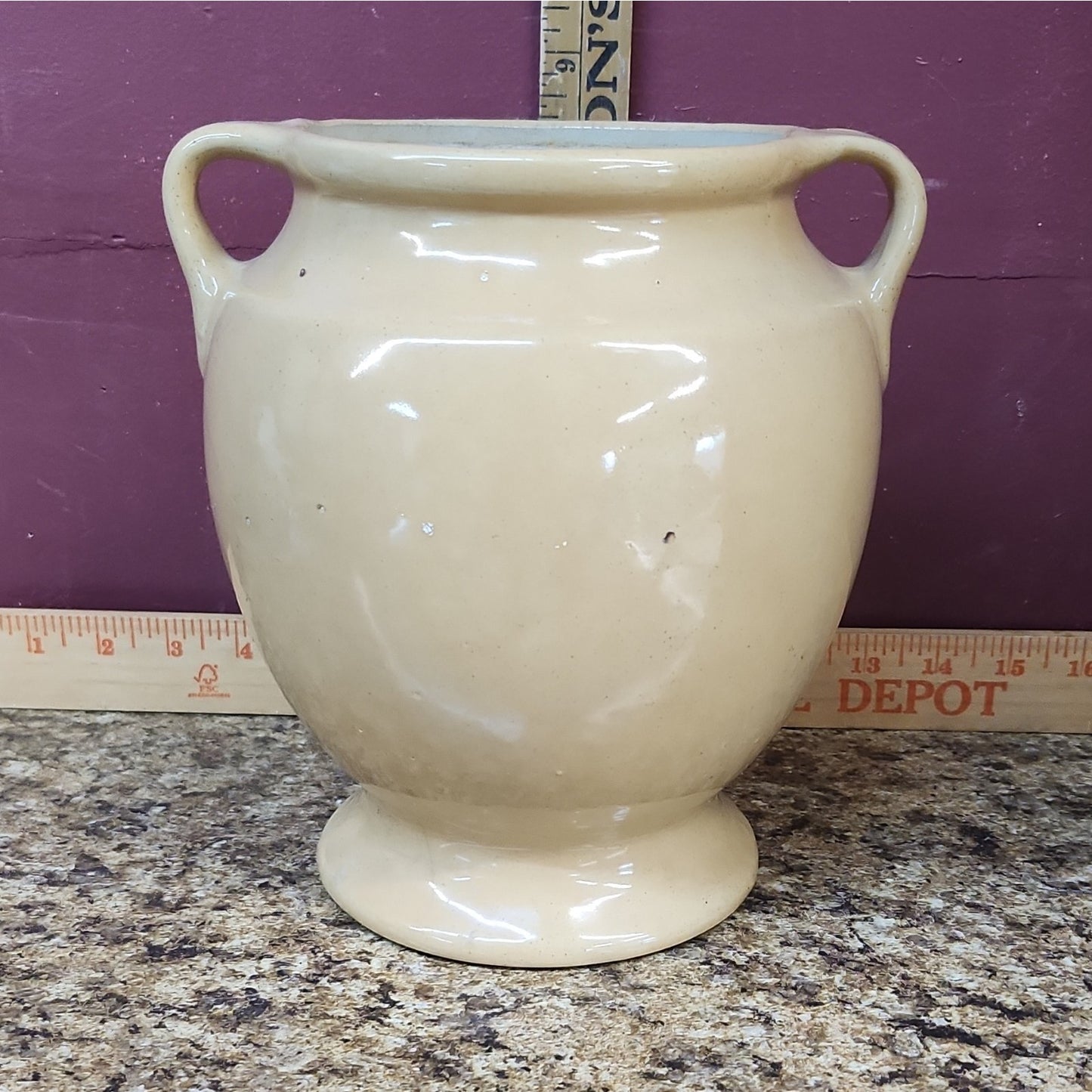 USA Ceramic Art Pottery Cache Pot w/ Floral Pattern & Handles, Glossy, 8.5 In