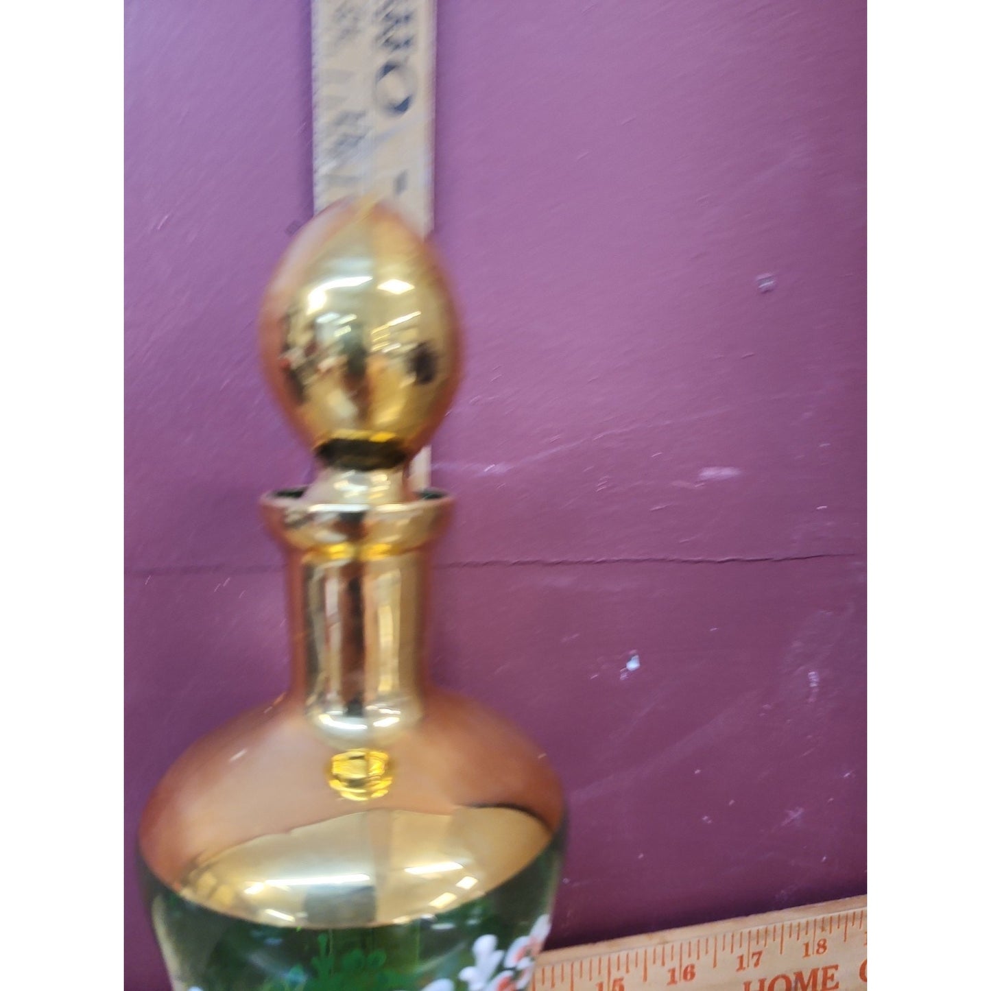 Vintage Hand-Painted Emerald Green Venetian Glass Decanter w/Stopper MCM