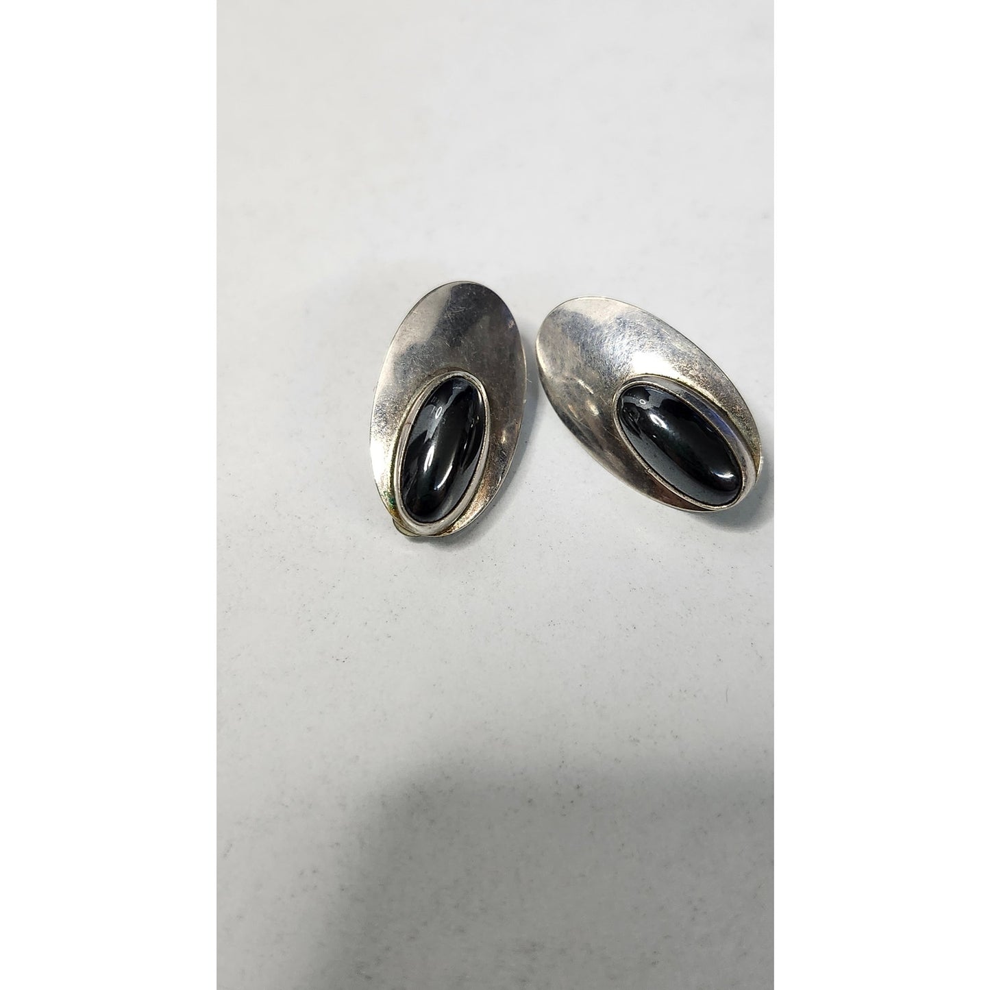 Vintage Sterling Silver Black Onyx Hematite Oval Clip-On Earrings