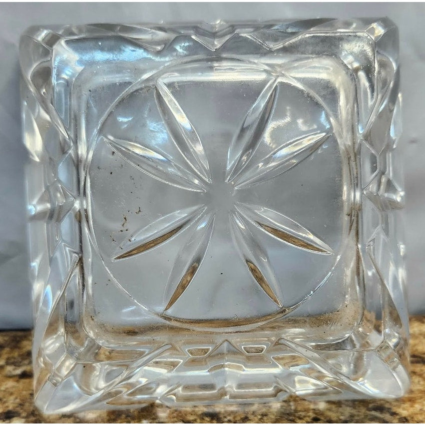 Vintage Crystal Clear Glass Ashtray Square Starburst Mid Century Heavy Ashtray