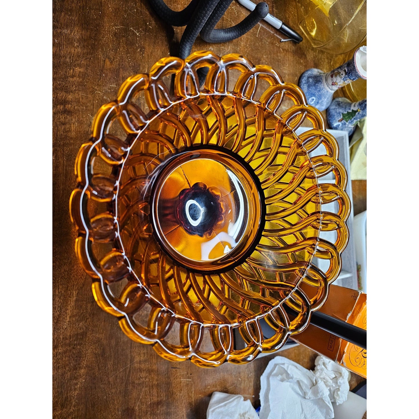 VTG Amber Basket Weave Lattice Glass Pedestal Compote Dish Art Decorative Bowl