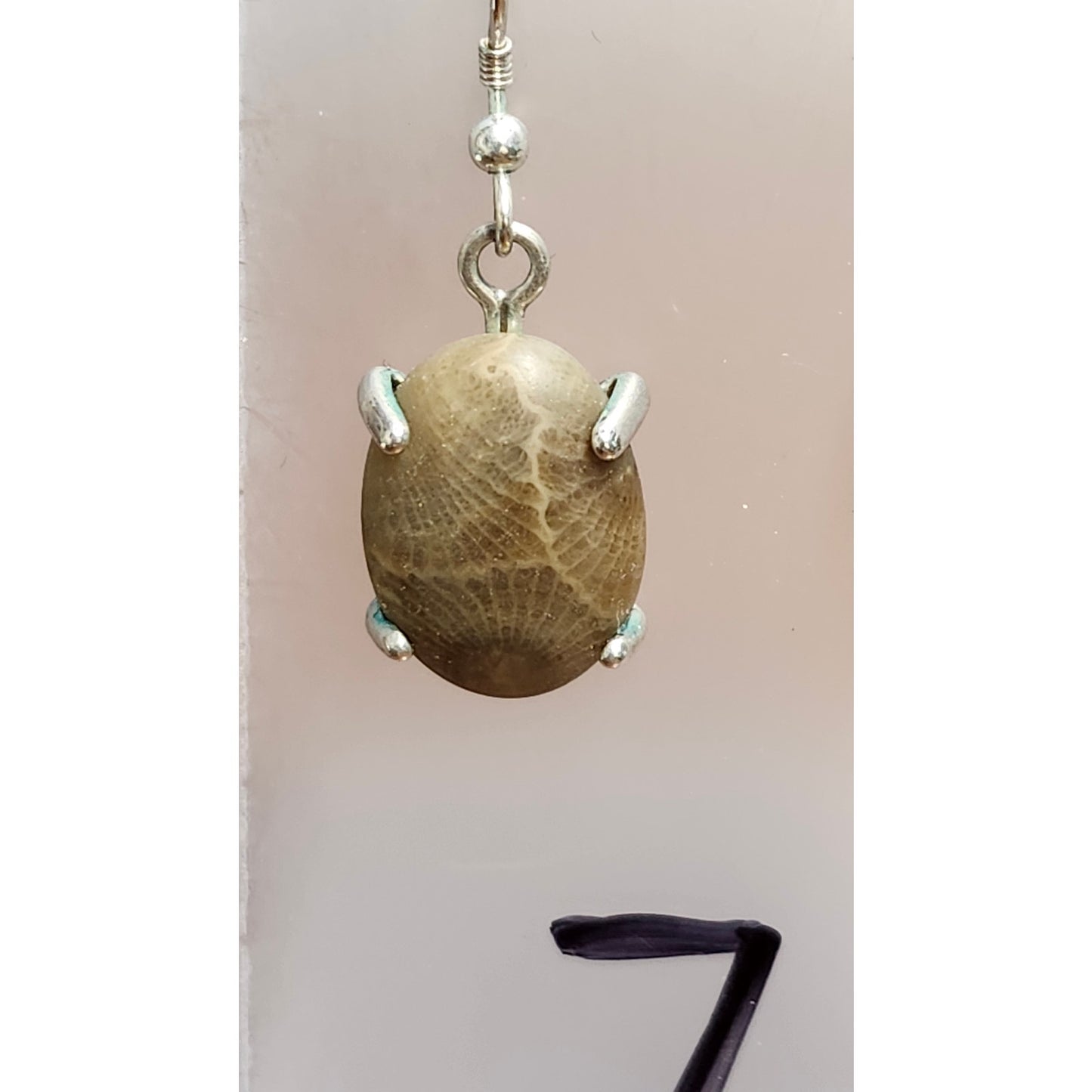 VTG 925 Sterling Silver Petoskey Stone Dangle Earrings Brown Fossilized Coral