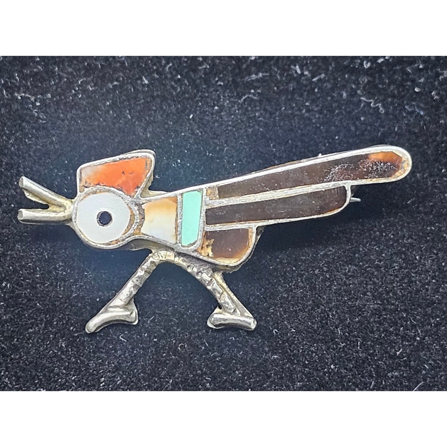 Vintage Native American Zuni Roadrunner Brooch Sterling Silver Stone Inlays