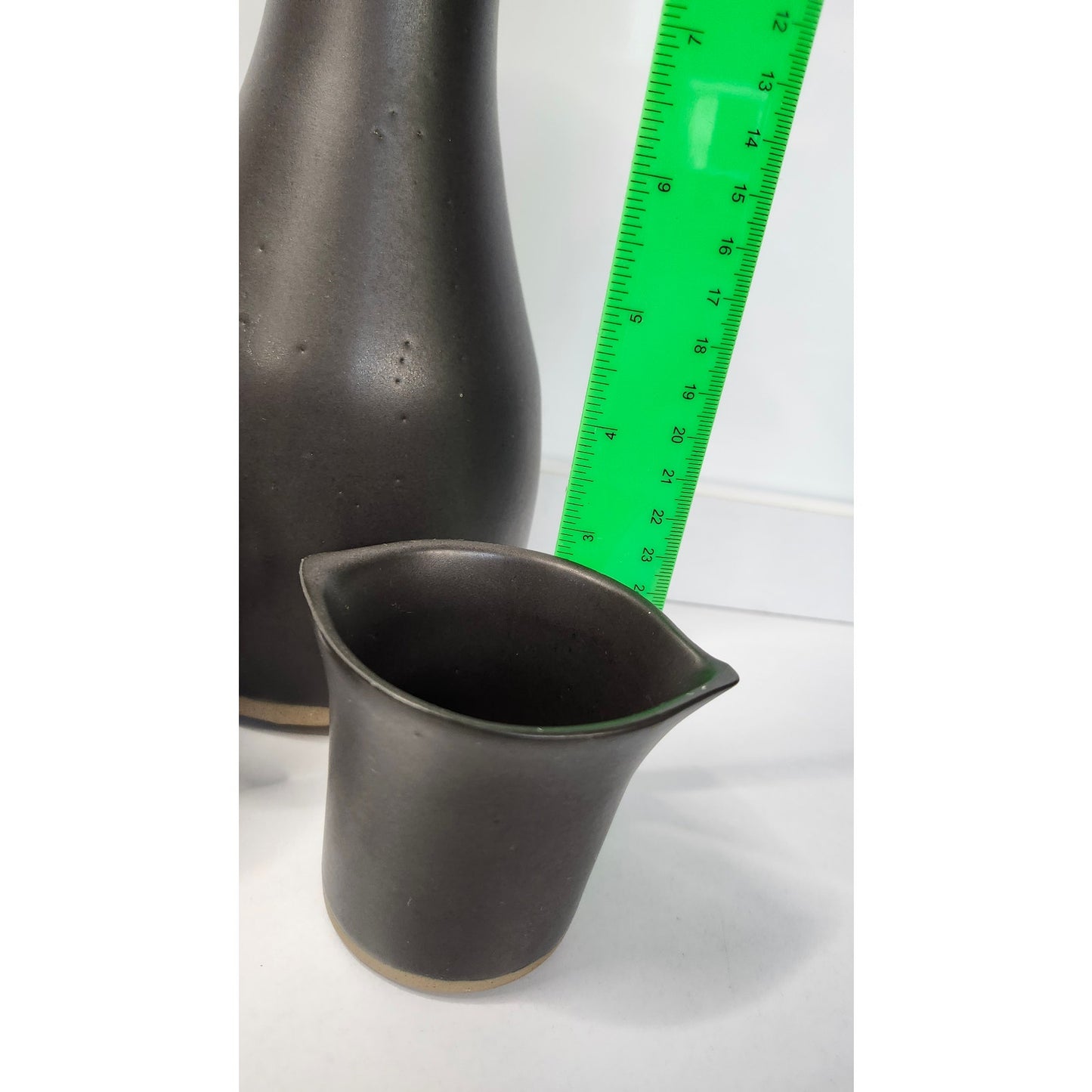 Signed Studio Pottery Black Stoneware Carafe Creamer Mug 3 Piece Set MCM