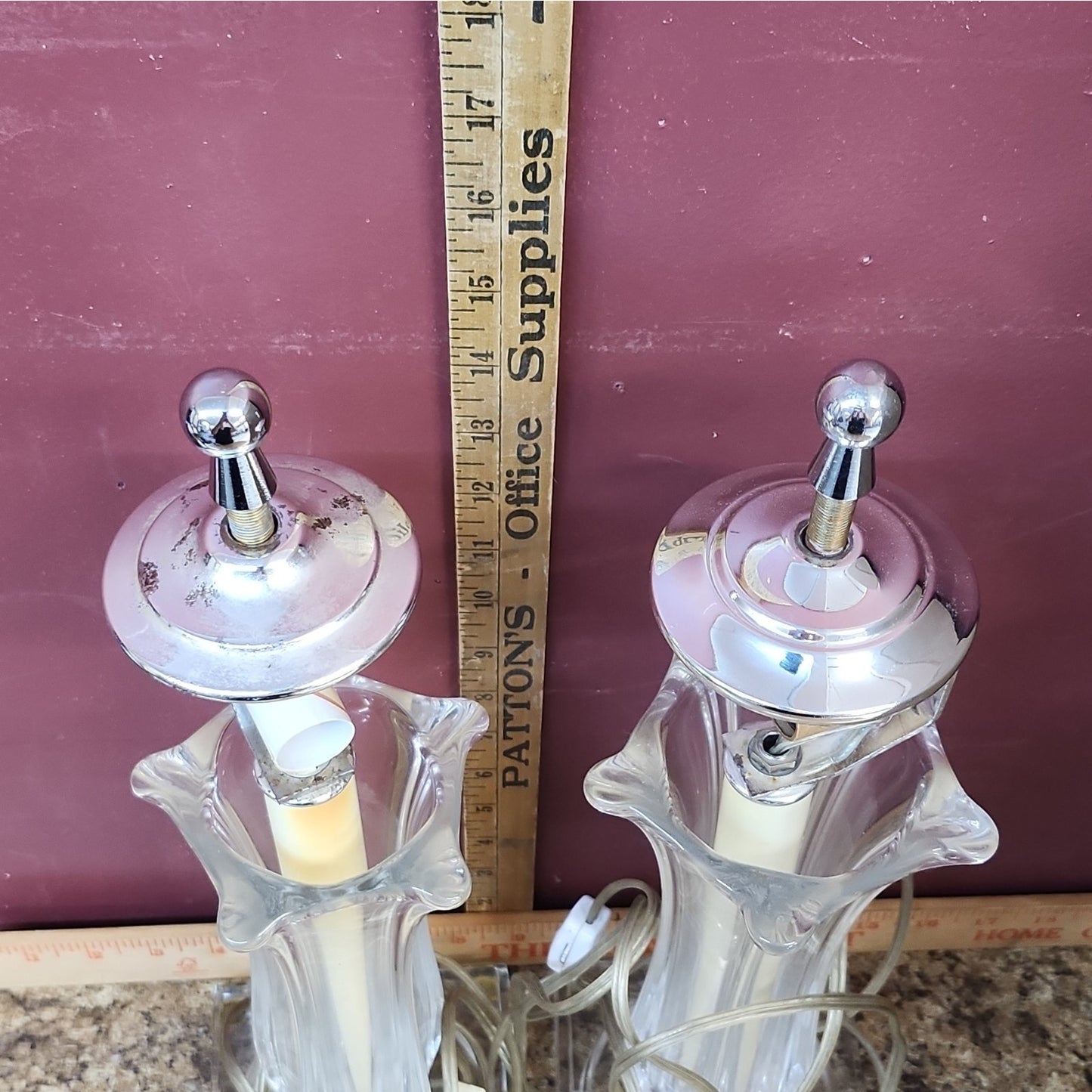 Crystal Clear Lead Crystal Table Lamps with Chrome Finials, Poland, PAIR