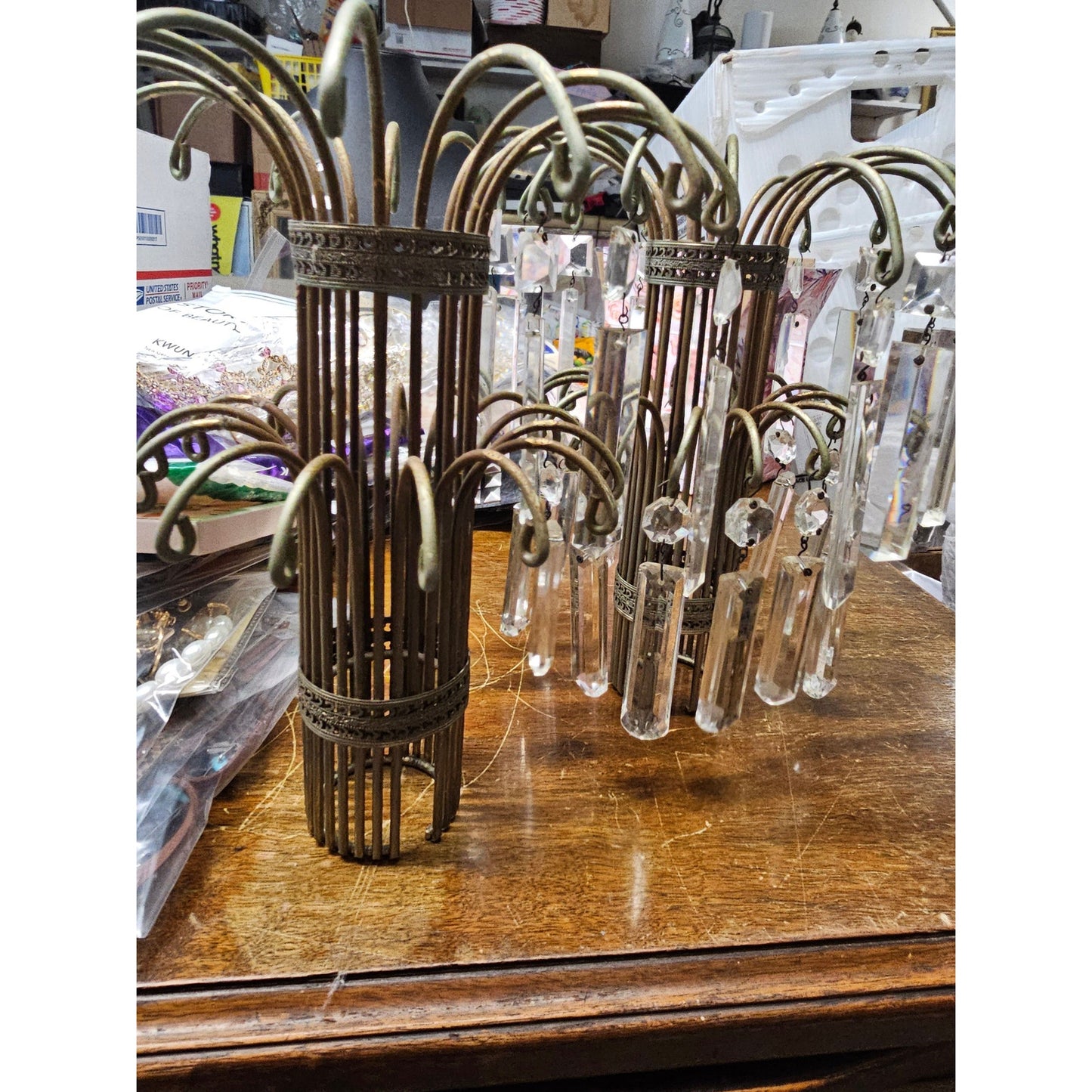 Vintage Hollywood Regency Waterfall Prism Lamp Tops Brass Deco Tamble Lamp