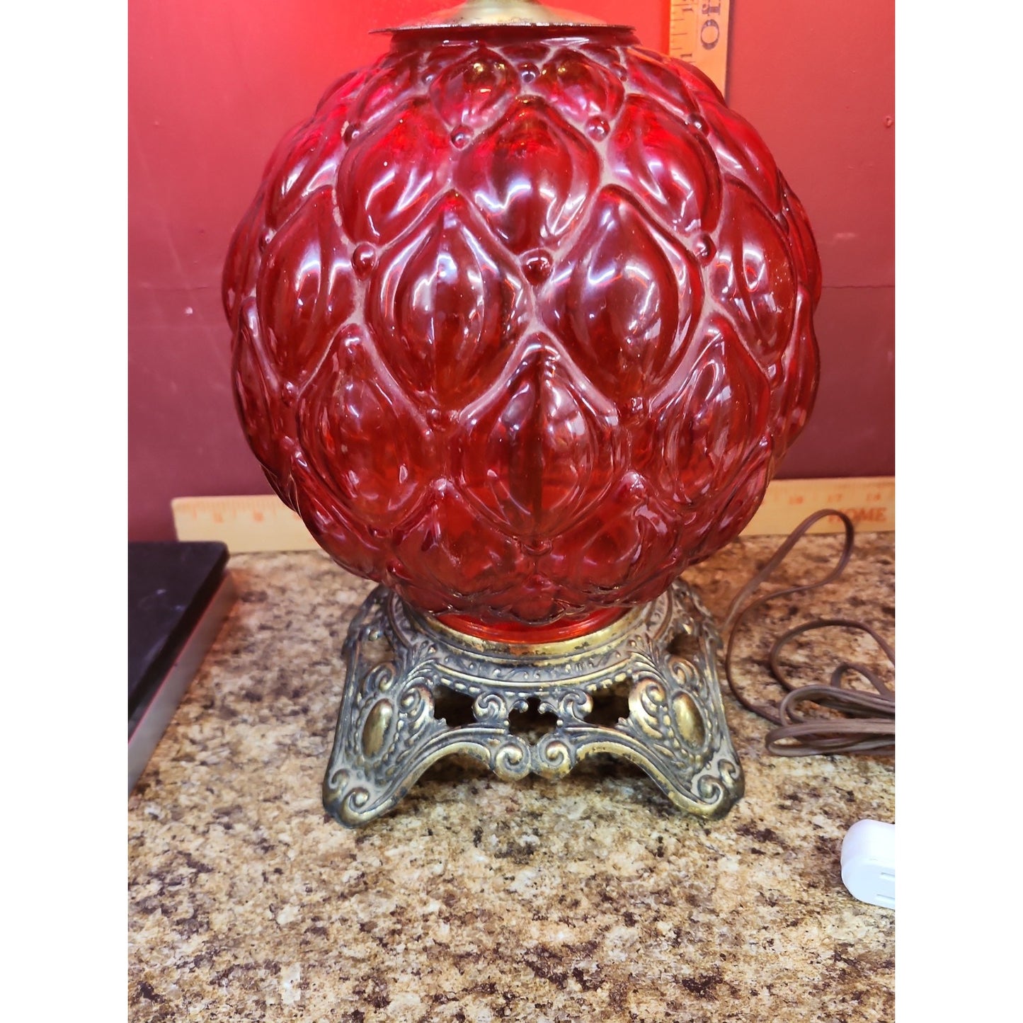 Vintage 1970 EF EF Industries Ruby Red Hurricane Parlor Lamp No 338 22" Tall