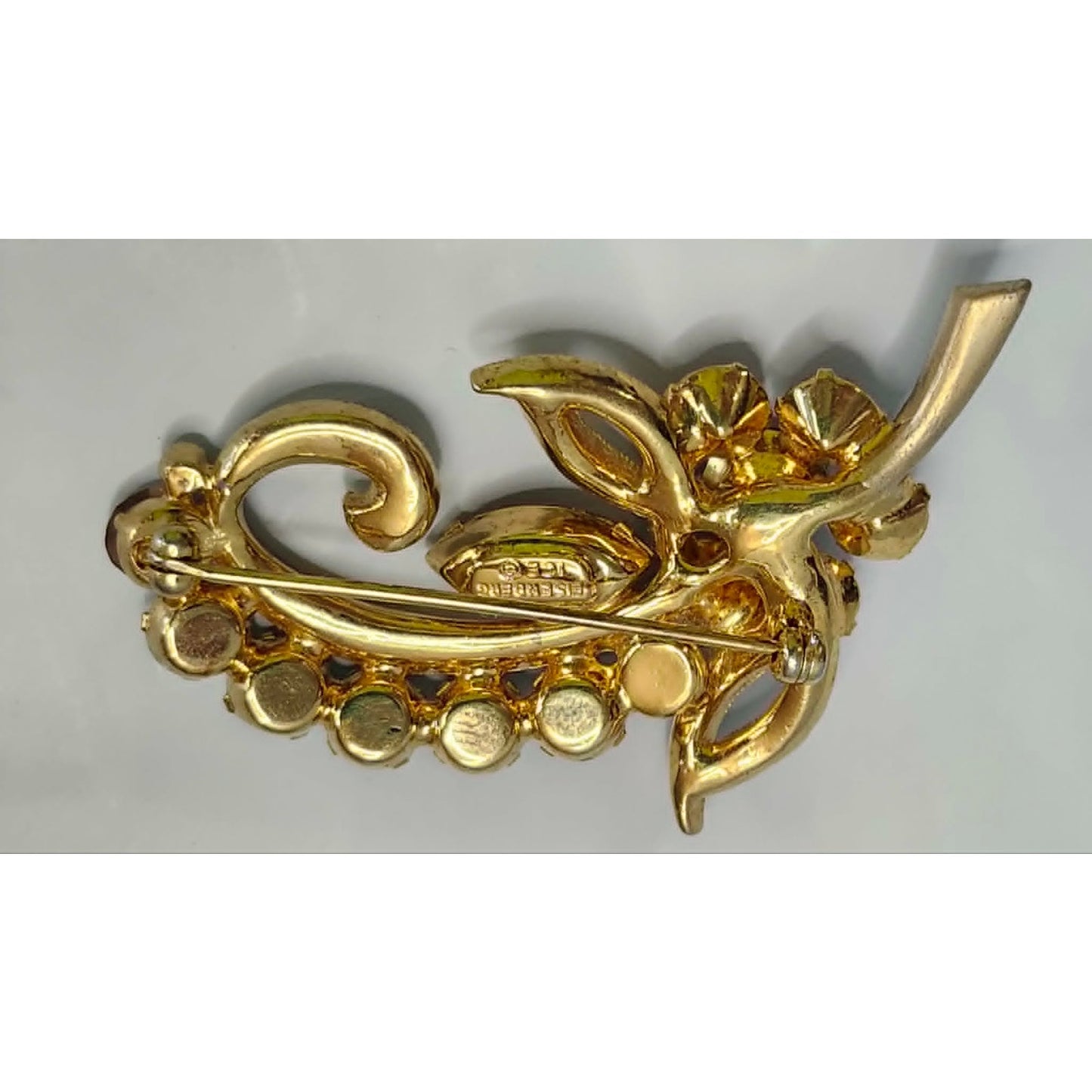 Vintage 90s Eisenberg Ice Brooch Pin Womens 2 Inch Gold Pink Rhinestone Flower
