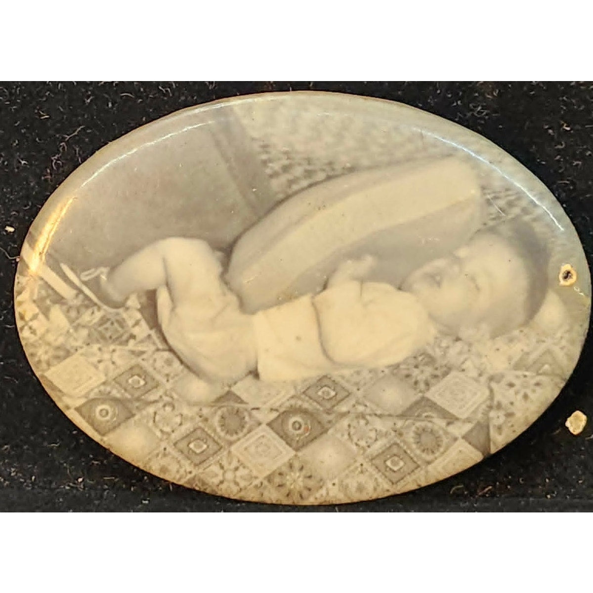 Vintage Antique Celluloid Compact Oval Pocket Mirror Black White Baby Photo