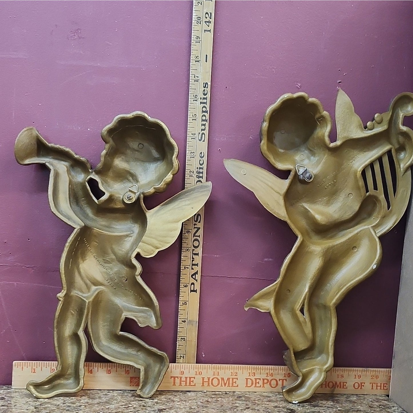 Dart Set of 2 Gold Cherub Angel Music Wall Plaques Plastic MCM 15 in