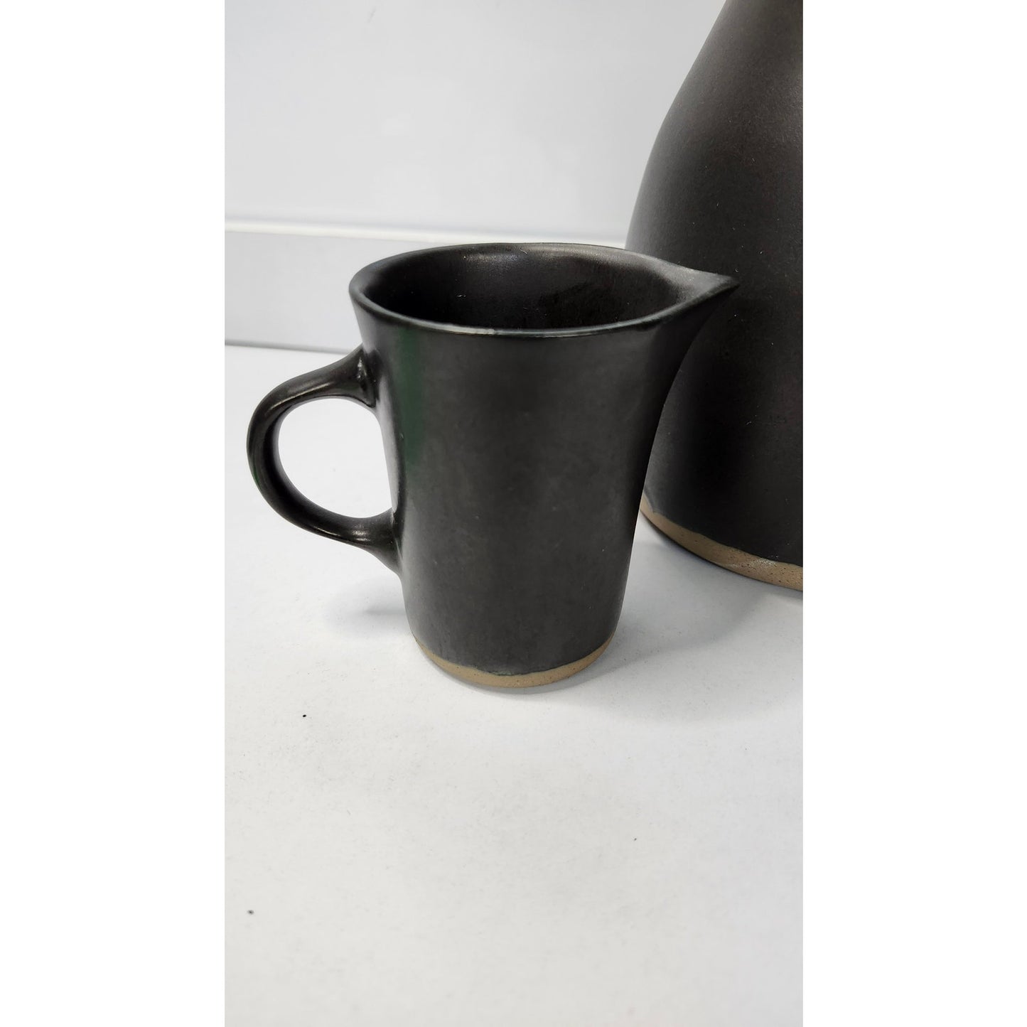 Signed Studio Pottery Black Stoneware Carafe Creamer Mug 3 Piece Set MCM