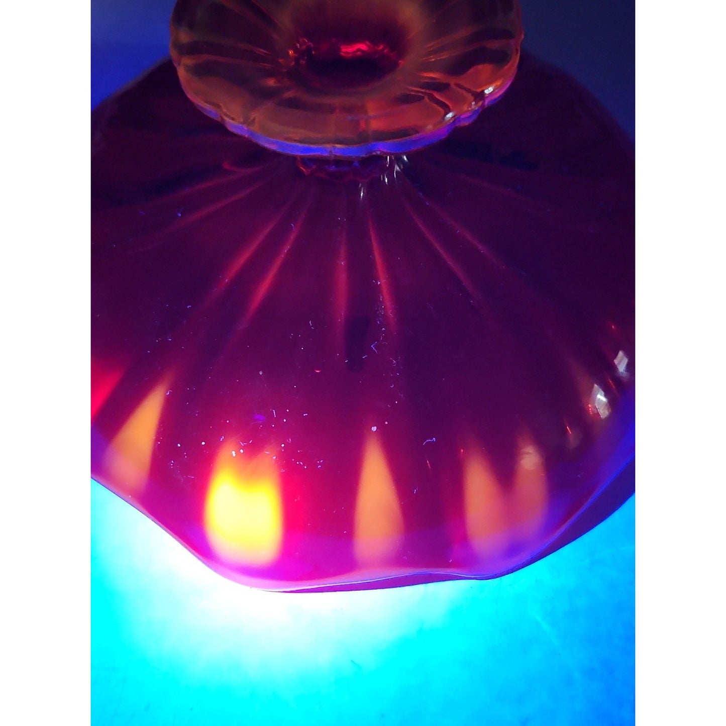 Amberina 9 Petal glass footed compote bowl, likely L.E. Smith or Viking Glass