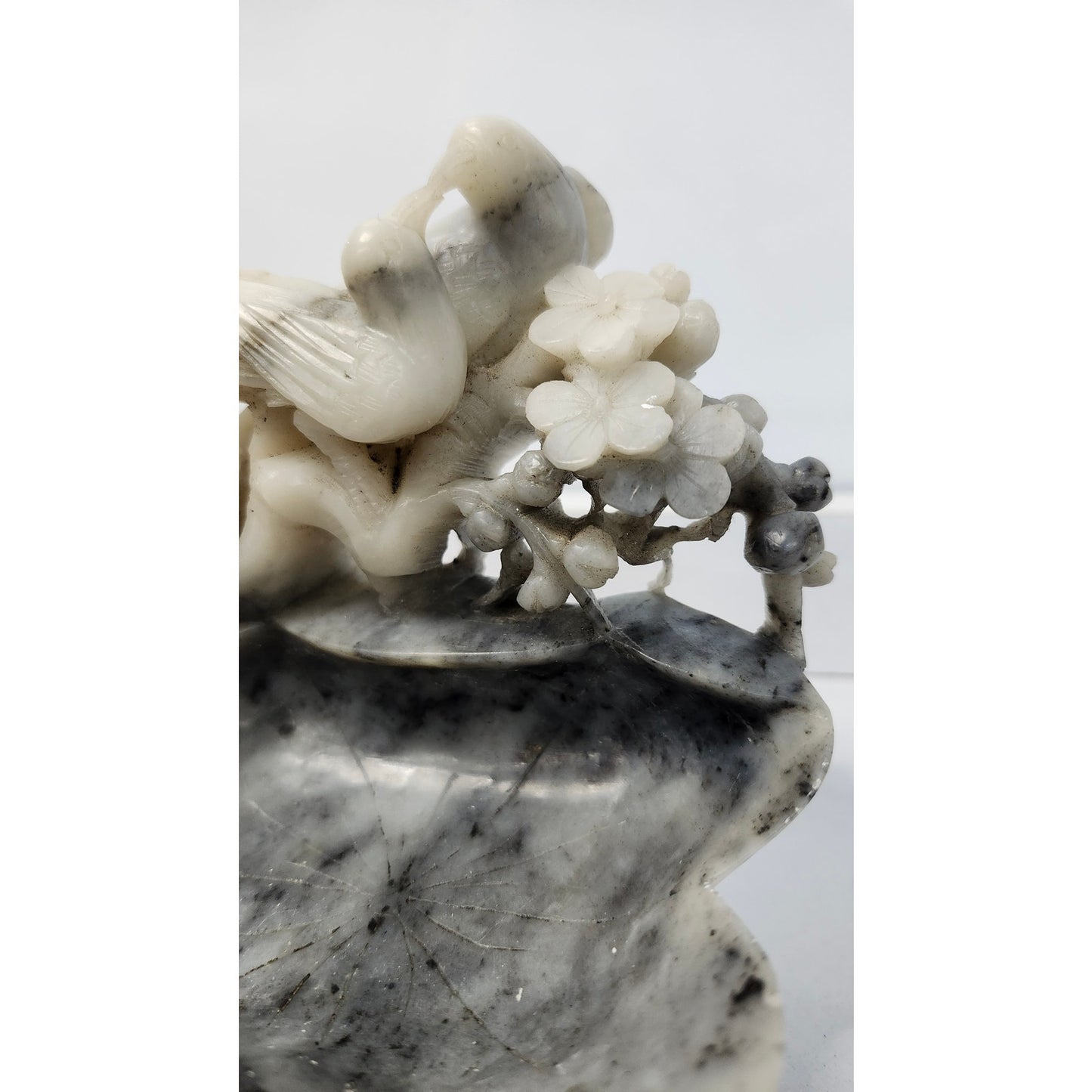 VTG Chinese Soapstone Trinket Dish Gray Hand Carved Bird Flowers Statue Gray