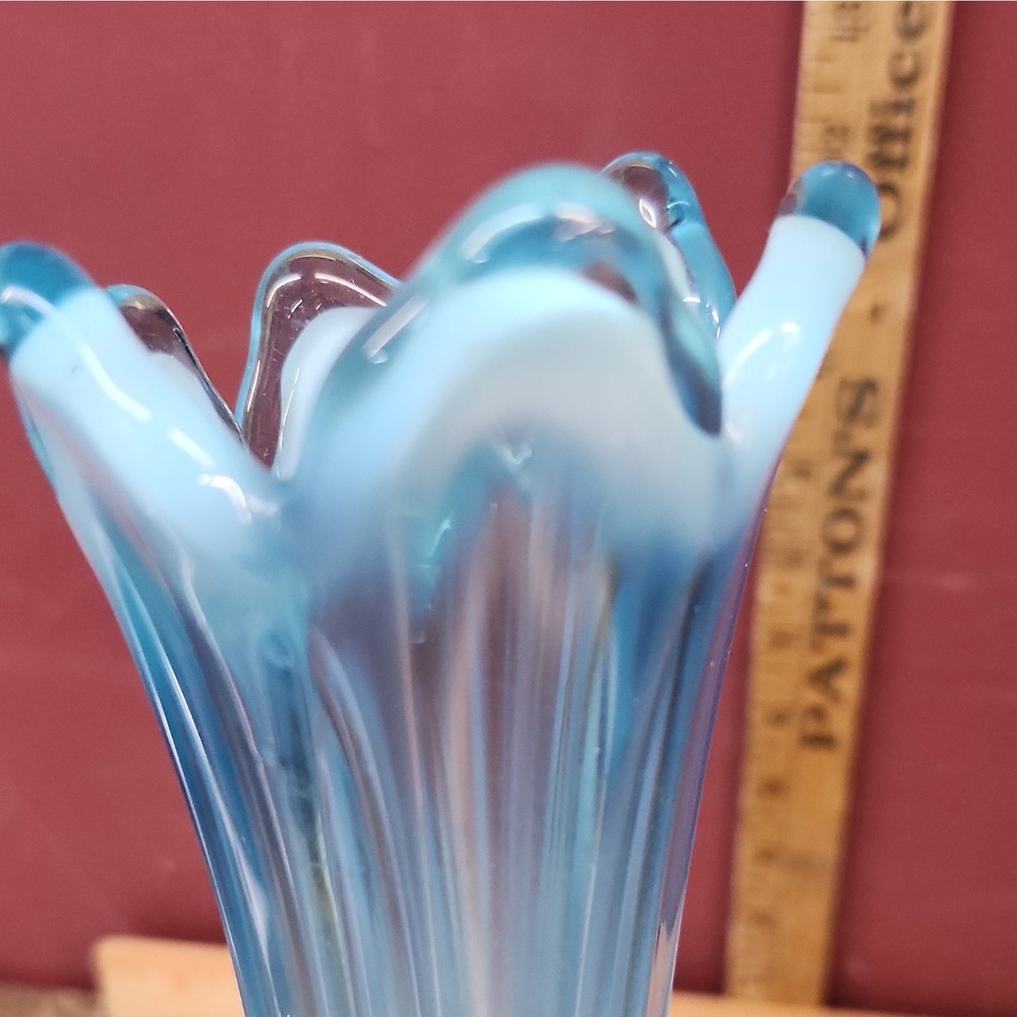 Fenton Art Glass Ruffled Blue & White Glossy Stretch Swung Vase, 15 In