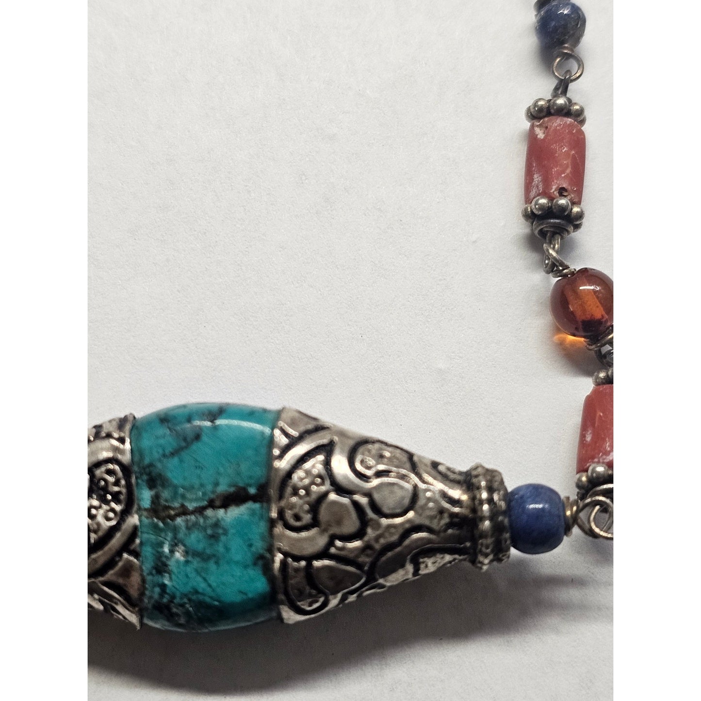 Vintage Sterling Silver and Turquoise Necklace Tibetan Tribal Blue Red Beads
