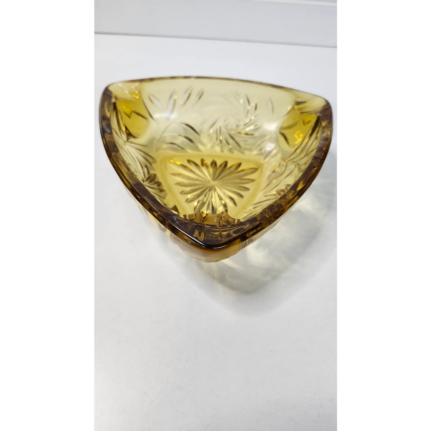 Vintage Triangle Ashtray Hazel Atlas Glass Amber Granada Pinwheel Starburst MCM