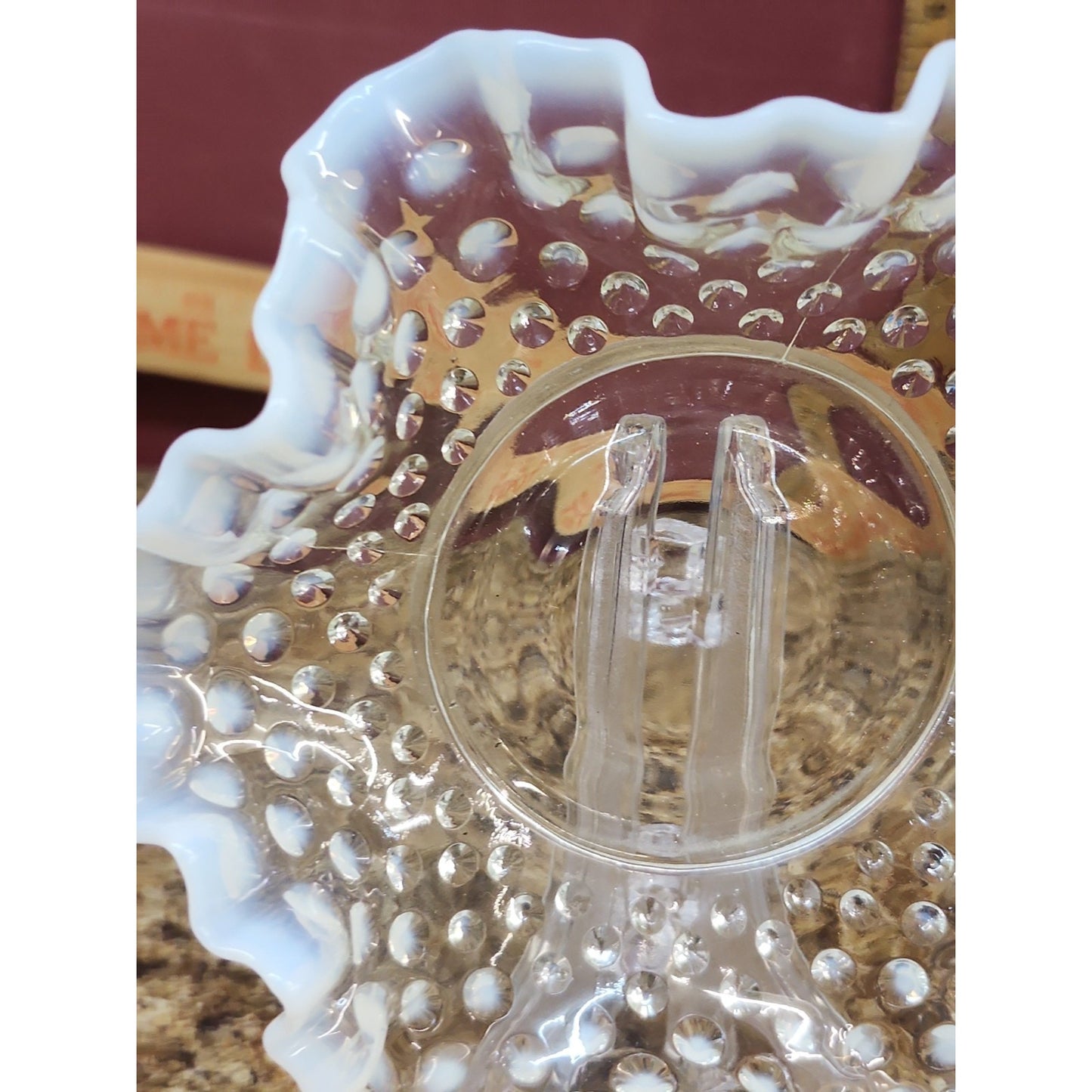 Vintage Fenton Hobnail Crimped Ruffled Edge Glass Candy Dish-Opalescent