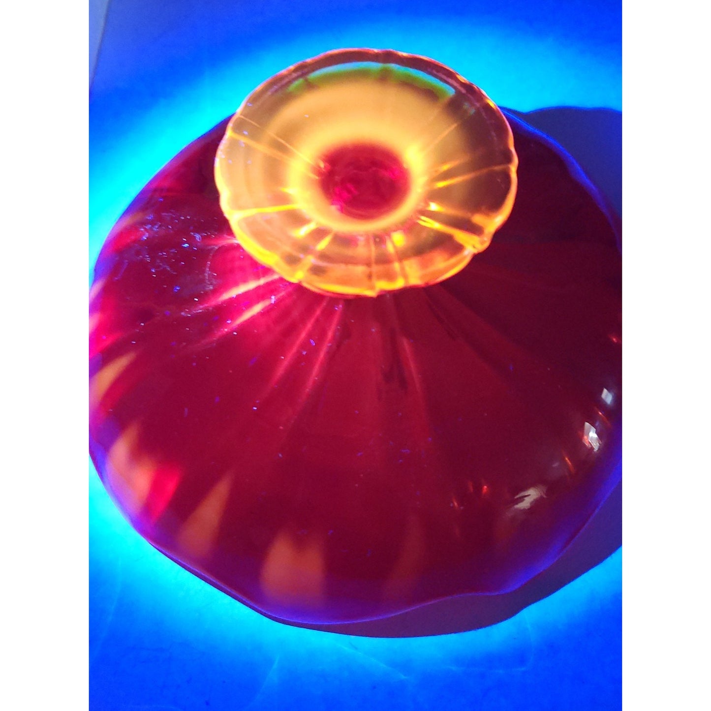 Amberina 9 Petal glass footed compote bowl, likely L.E. Smith or Viking Glass