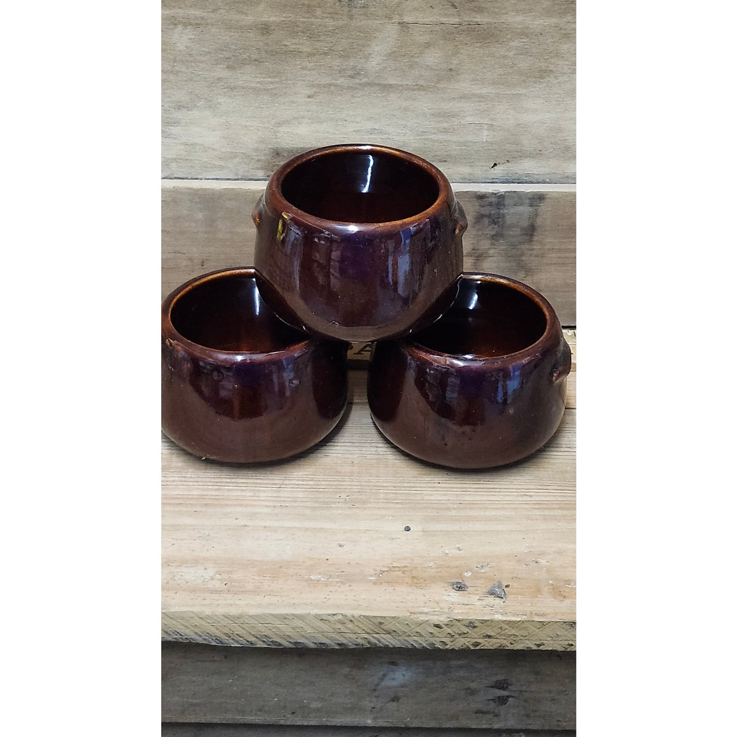 Vintage West Bend Stoneware Bean Pots Set of 3 Brown Glazed Ceramic USA 3"
