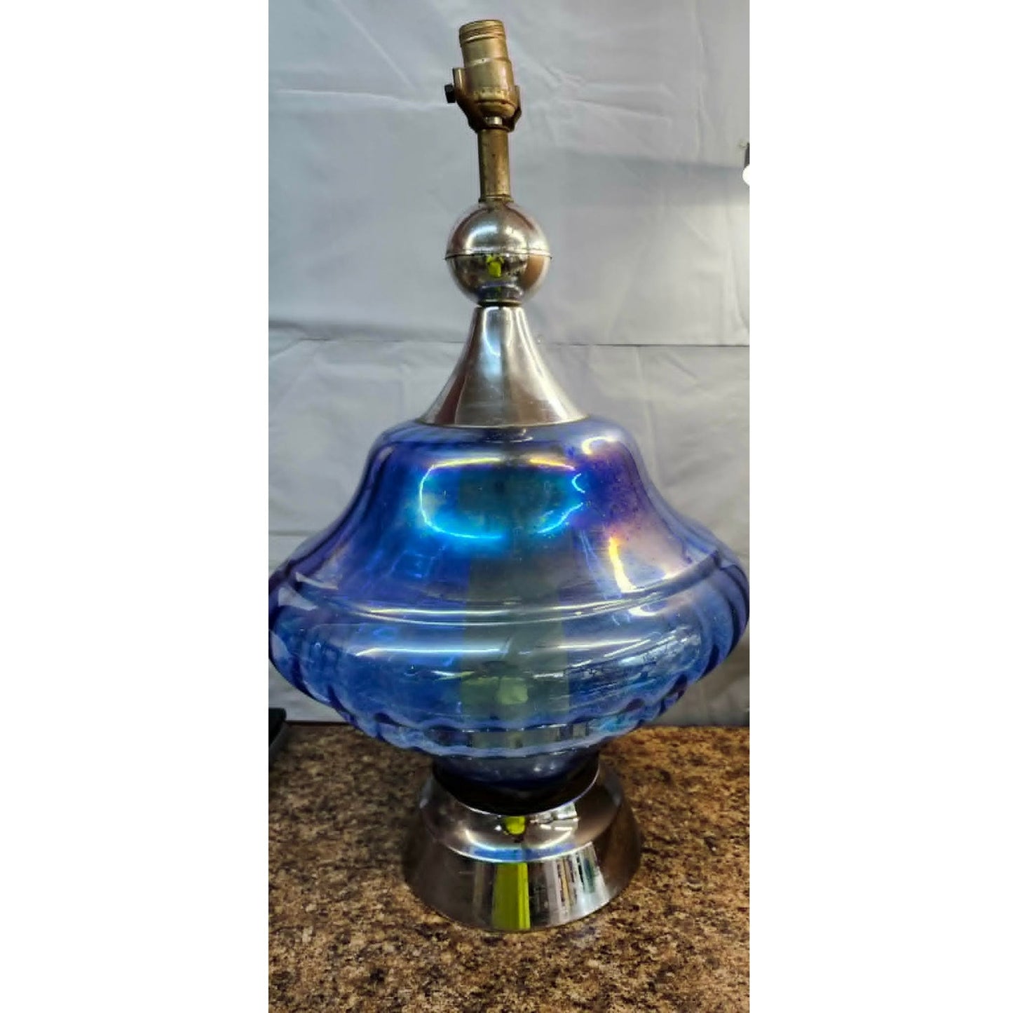 Vintage Blue Glass Table Lamp Mid Century Iridescent Carnival Electric 25" Tall